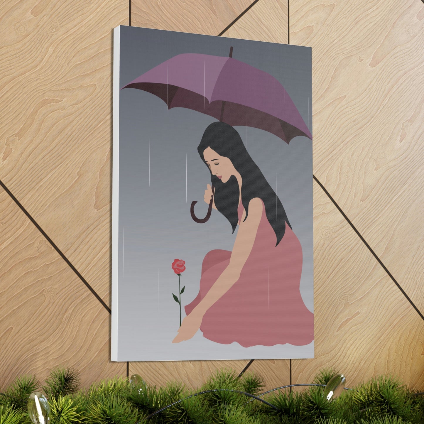 Woman with Umbrella Cartoon Art Walking in the Rain Graphic Aesthetic Classic Art Canvas Gallery Wraps Ichaku [Perfect Gifts Selection]