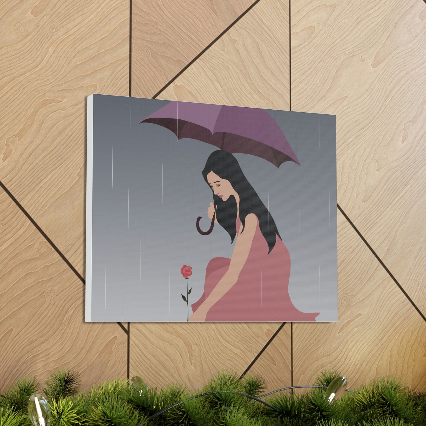 Woman with Umbrella Cartoon Art Walking in the Rain Graphic Aesthetic Classic Art Canvas Gallery Wraps Ichaku [Perfect Gifts Selection]