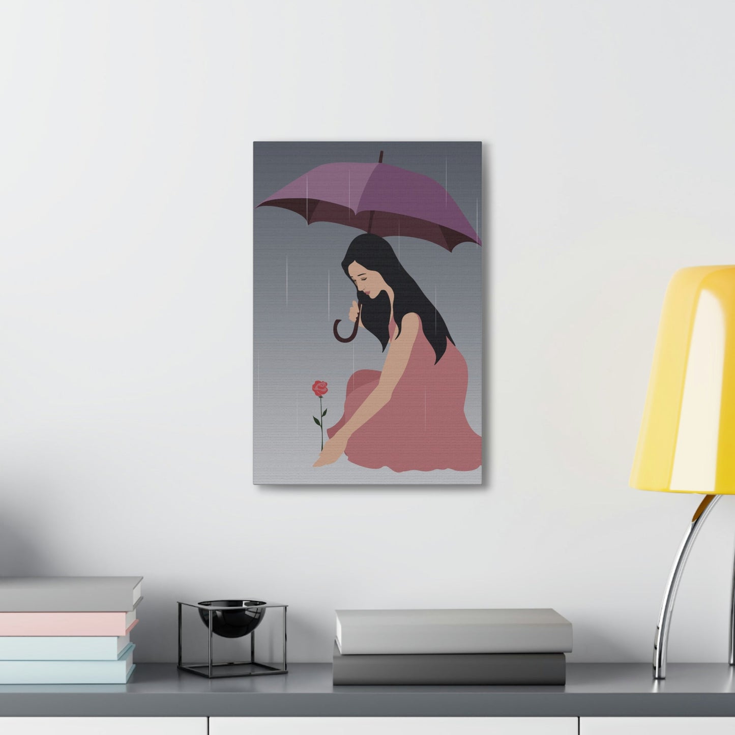 Woman with Umbrella Cartoon Art Walking in the Rain Graphic Aesthetic Classic Art Canvas Gallery Wraps Ichaku [Perfect Gifts Selection]