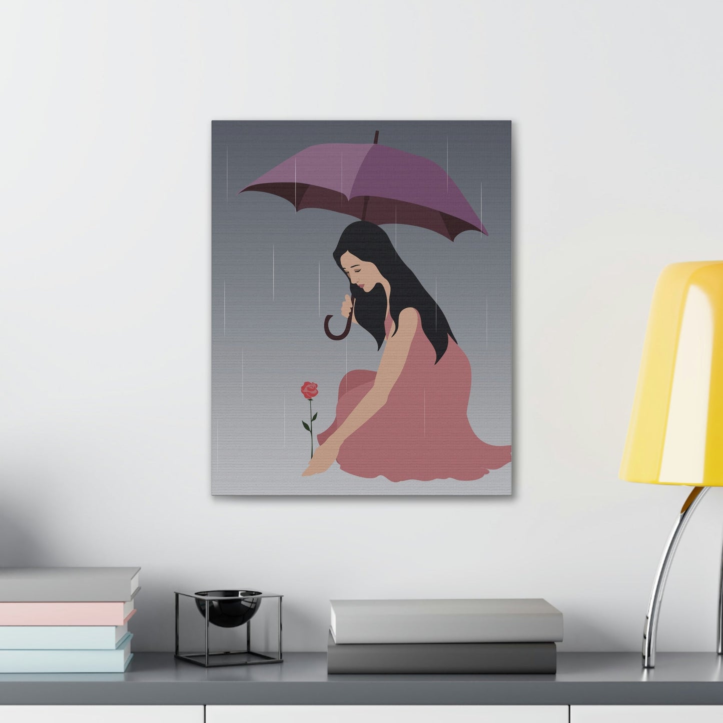 Woman with Umbrella Cartoon Art Walking in the Rain Graphic Aesthetic Classic Art Canvas Gallery Wraps Ichaku [Perfect Gifts Selection]