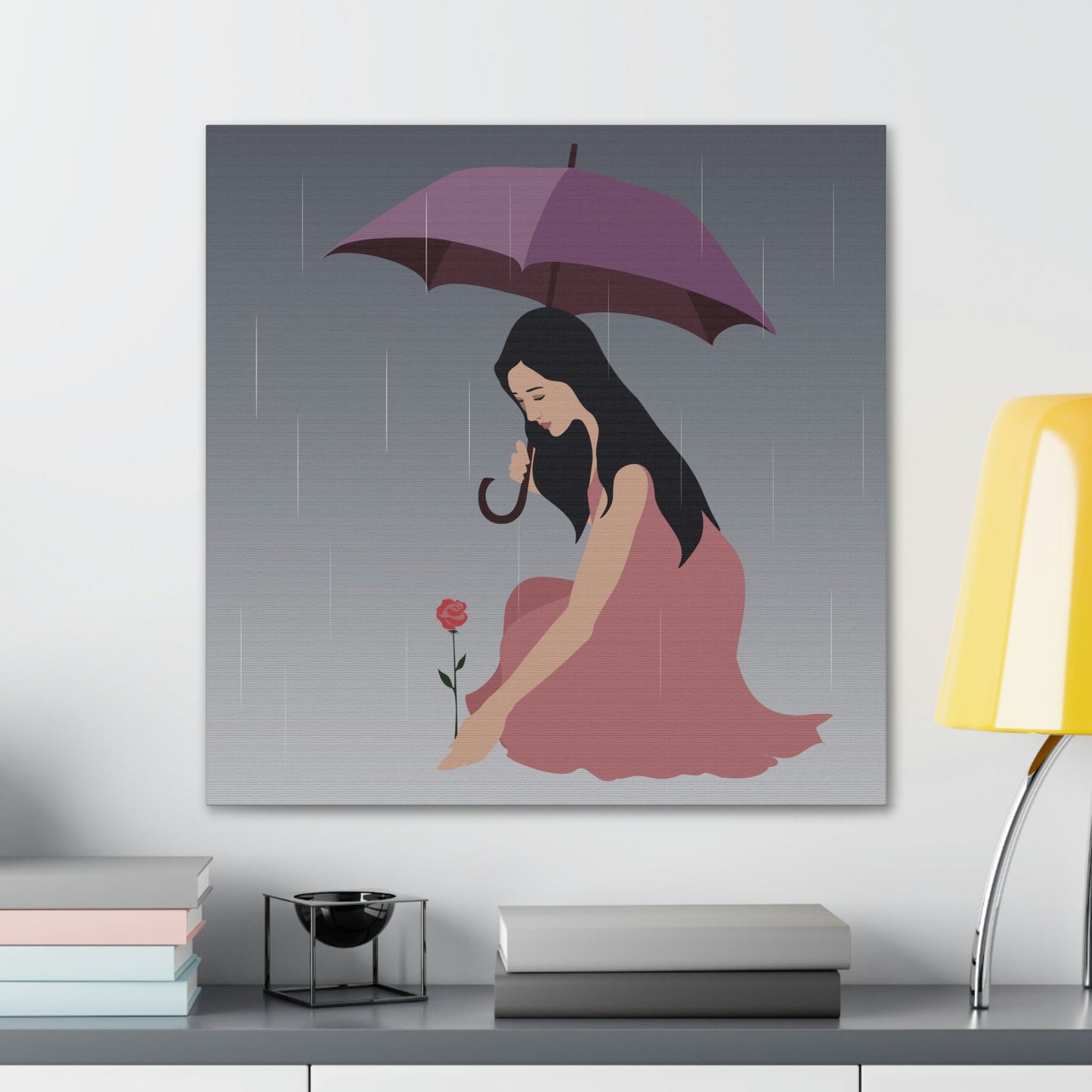 Woman with Umbrella Cartoon Art Walking in the Rain Graphic Aesthetic Classic Art Canvas Gallery Wraps Ichaku [Perfect Gifts Selection]