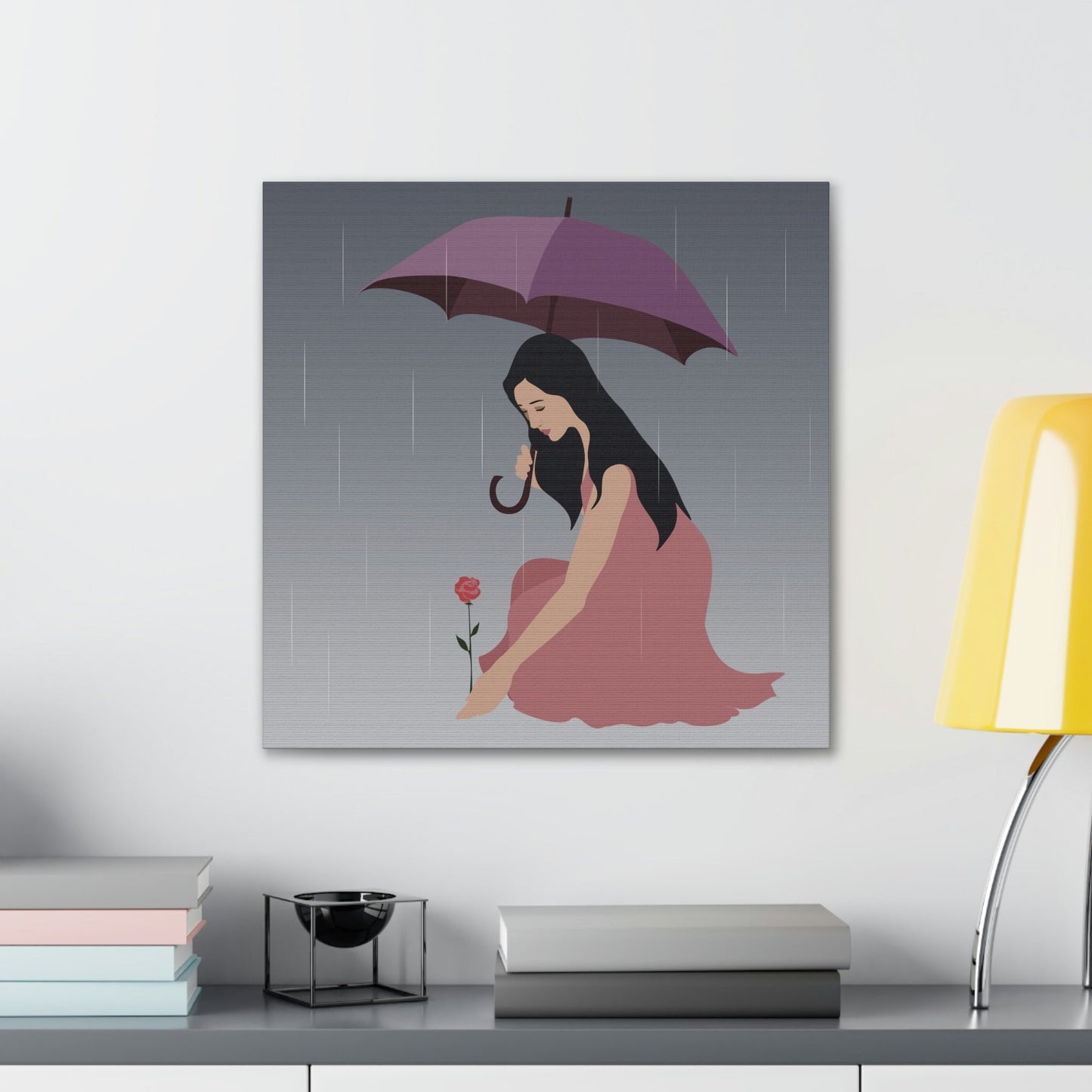 Woman with Umbrella Cartoon Art Walking in the Rain Graphic Aesthetic Classic Art Canvas Gallery Wraps Ichaku [Perfect Gifts Selection]