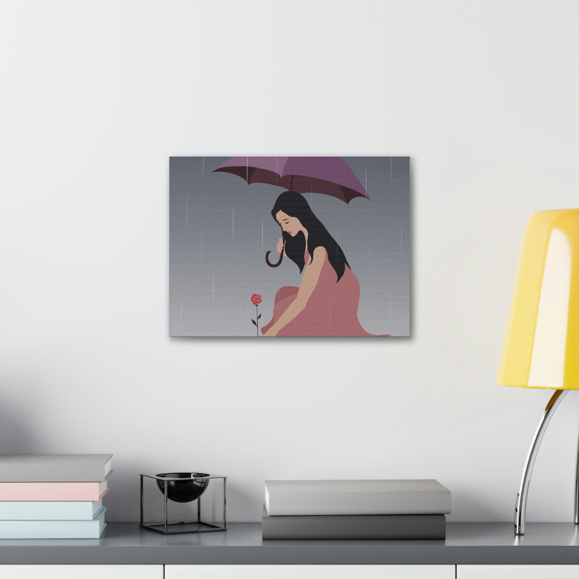 Woman with Umbrella Cartoon Art Walking in the Rain Graphic Aesthetic Classic Art Canvas Gallery Wraps Ichaku [Perfect Gifts Selection]