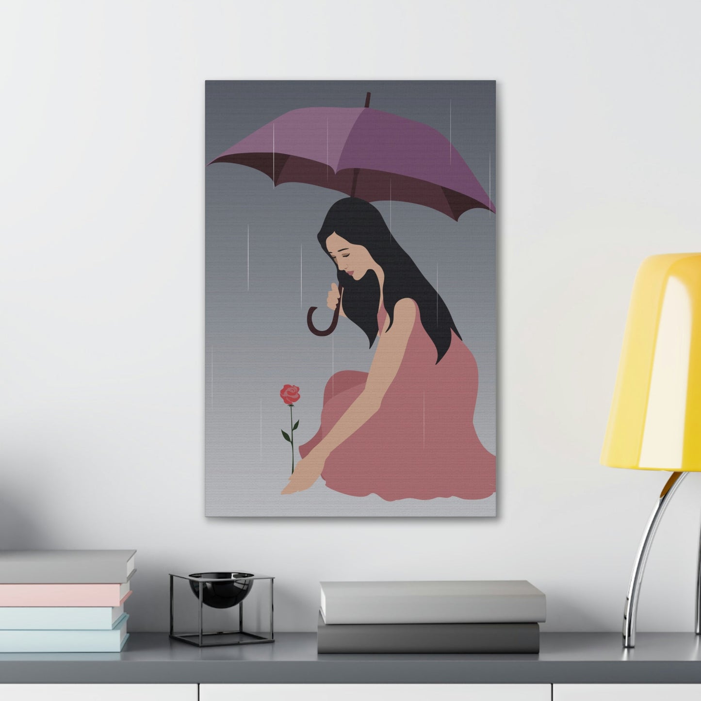 Woman with Umbrella Cartoon Art Walking in the Rain Graphic Aesthetic Classic Art Canvas Gallery Wraps Ichaku [Perfect Gifts Selection]