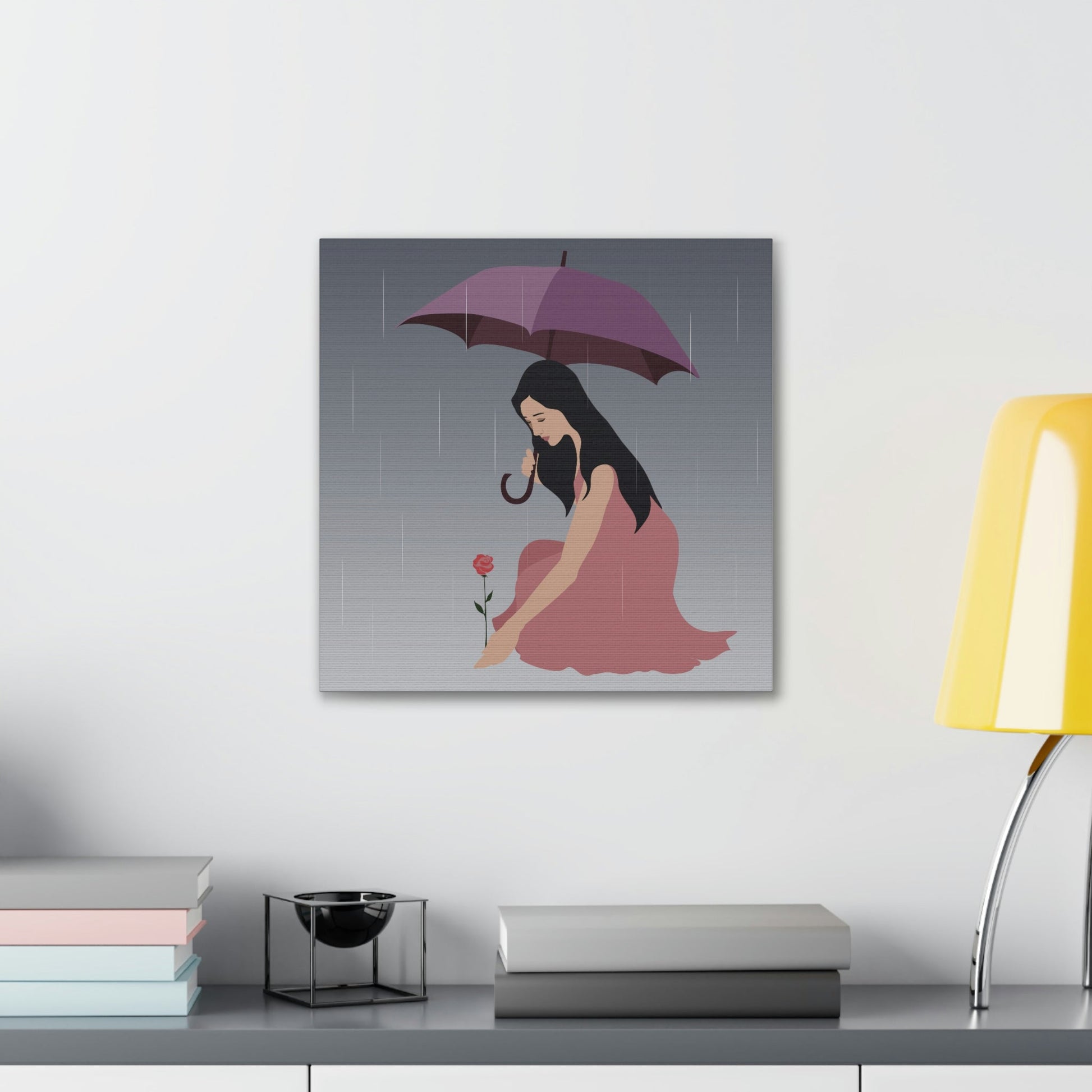 Woman with Umbrella Cartoon Art Walking in the Rain Graphic Aesthetic Classic Art Canvas Gallery Wraps Ichaku [Perfect Gifts Selection]