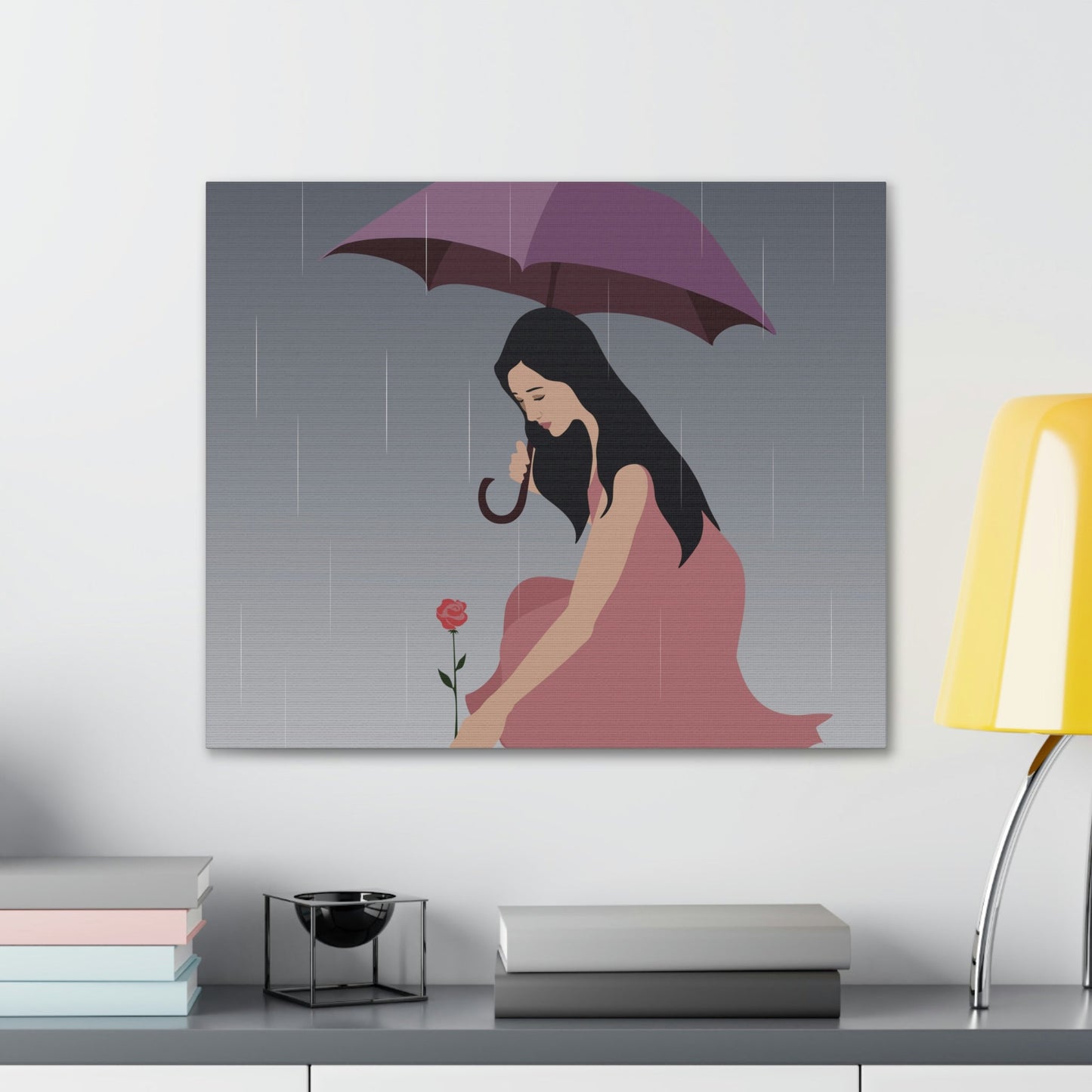 Woman with Umbrella Cartoon Art Walking in the Rain Graphic Aesthetic Classic Art Canvas Gallery Wraps Ichaku [Perfect Gifts Selection]