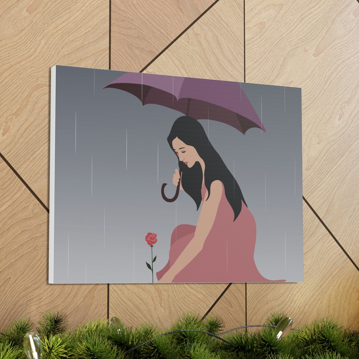 Woman with Umbrella Cartoon Art Walking in the Rain Graphic Aesthetic Classic Art Canvas Gallery Wraps Ichaku [Perfect Gifts Selection]