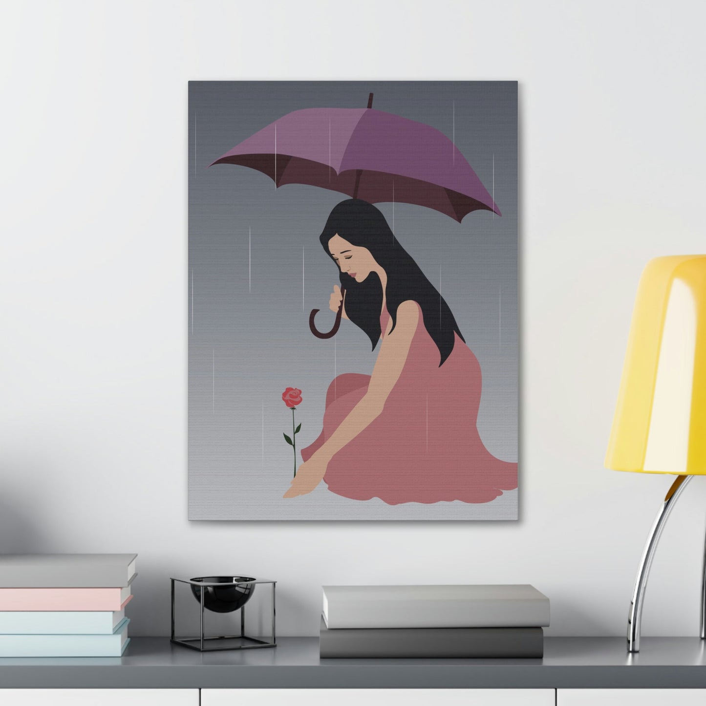 Woman with Umbrella Cartoon Art Walking in the Rain Graphic Aesthetic Classic Art Canvas Gallery Wraps Ichaku [Perfect Gifts Selection]