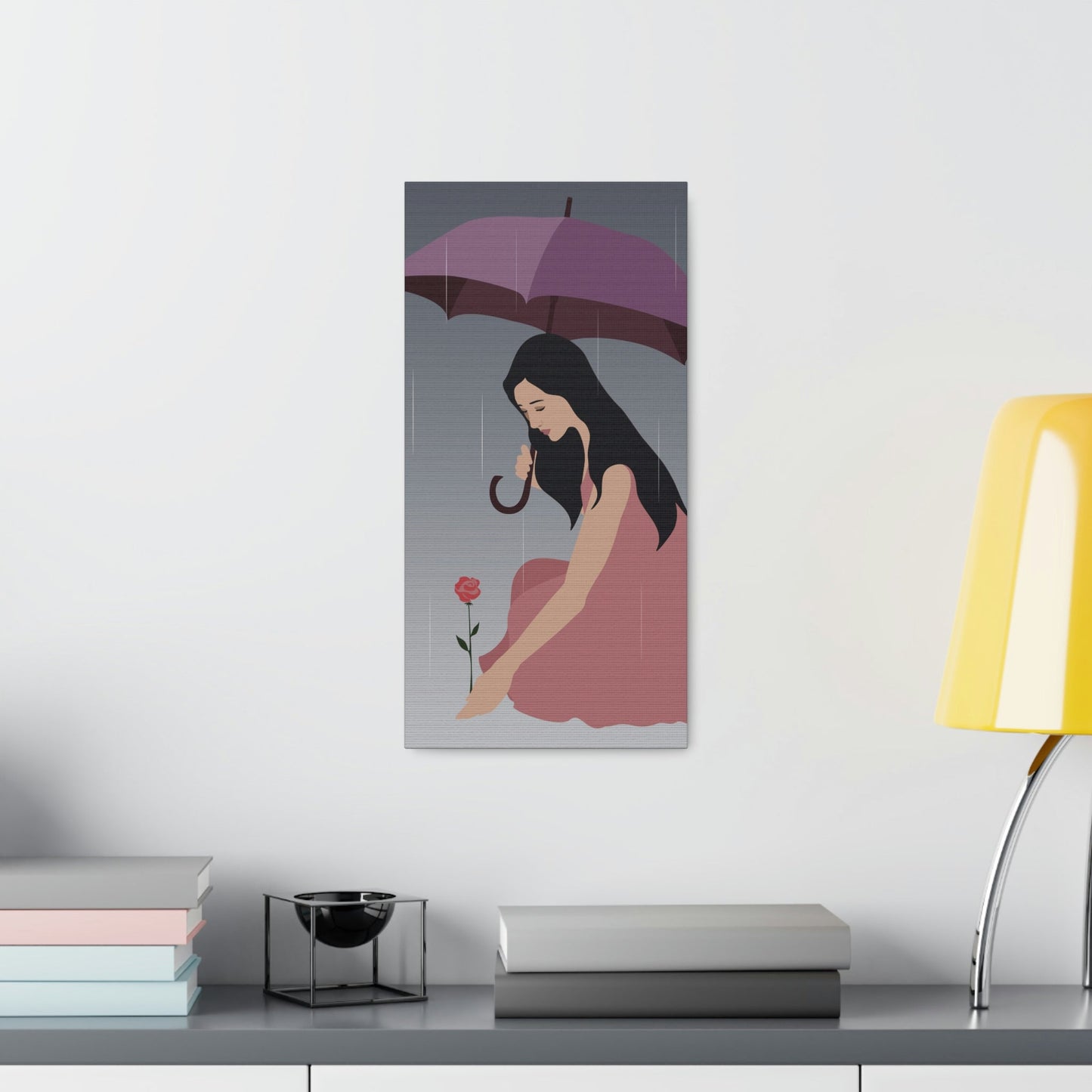 Woman with Umbrella Cartoon Art Walking in the Rain Graphic Aesthetic Classic Art Canvas Gallery Wraps Ichaku [Perfect Gifts Selection]