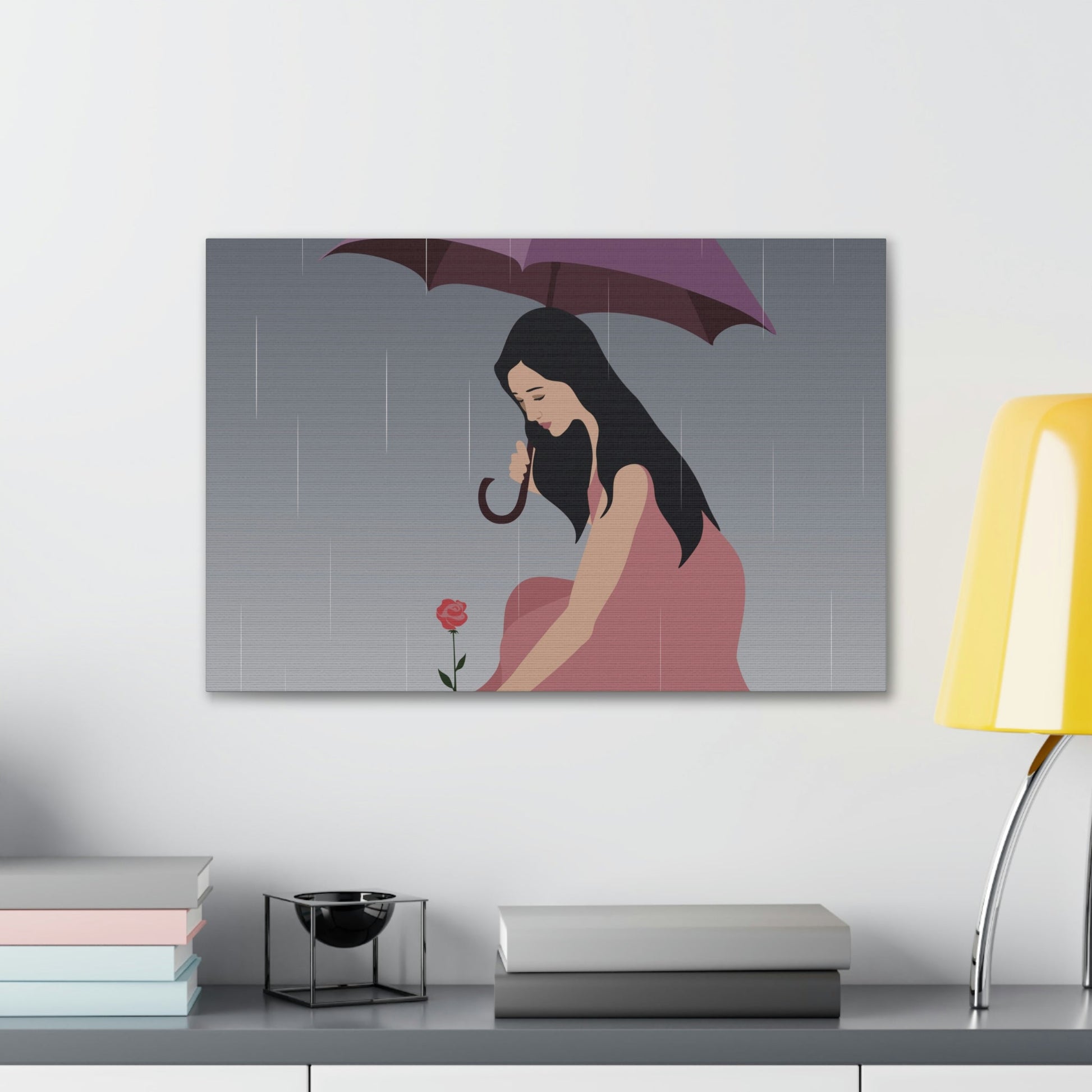 Woman with Umbrella Cartoon Art Walking in the Rain Graphic Aesthetic Classic Art Canvas Gallery Wraps Ichaku [Perfect Gifts Selection]