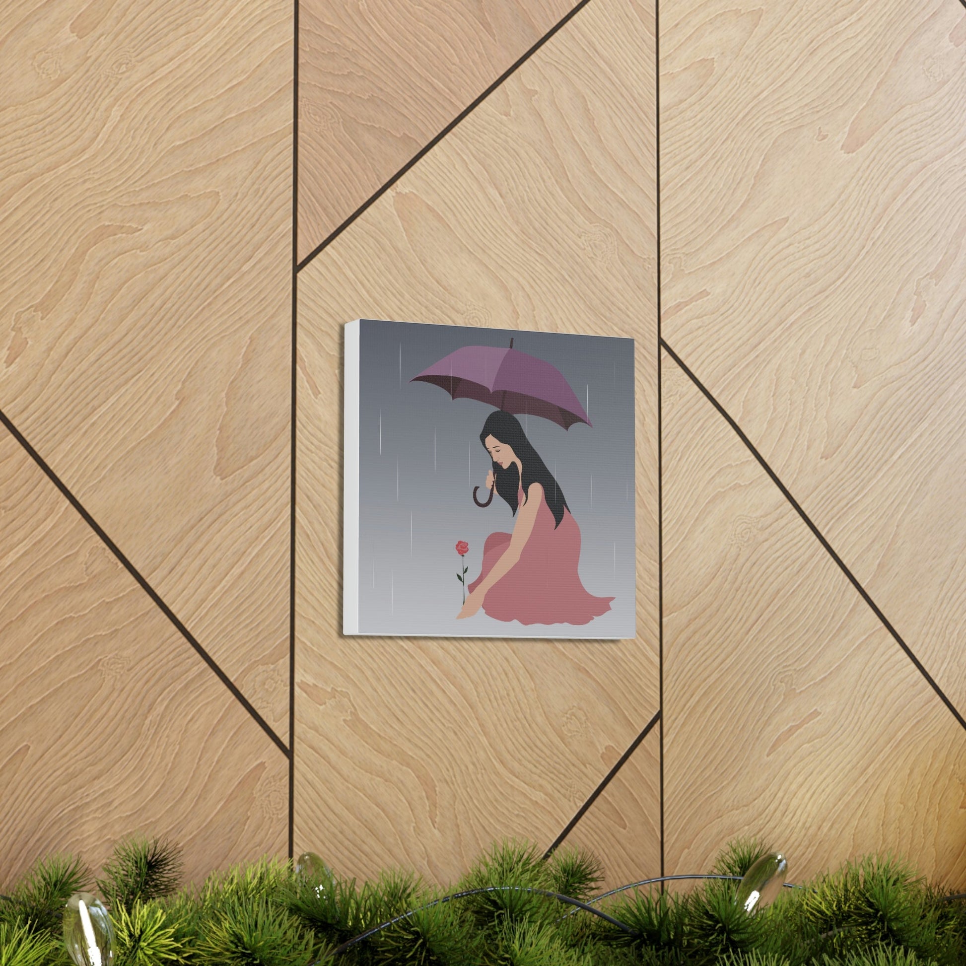 Woman with Umbrella Cartoon Art Walking in the Rain Graphic Aesthetic Classic Art Canvas Gallery Wraps Ichaku [Perfect Gifts Selection]