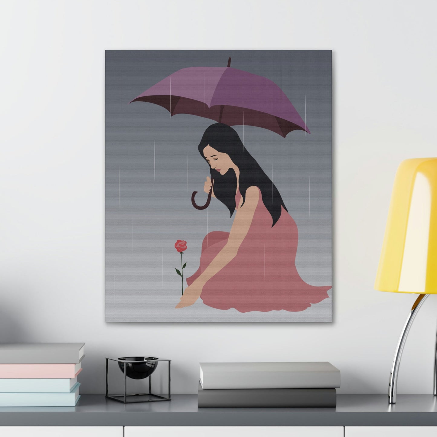 Woman with Umbrella Cartoon Art Walking in the Rain Graphic Aesthetic Classic Art Canvas Gallery Wraps Ichaku [Perfect Gifts Selection]