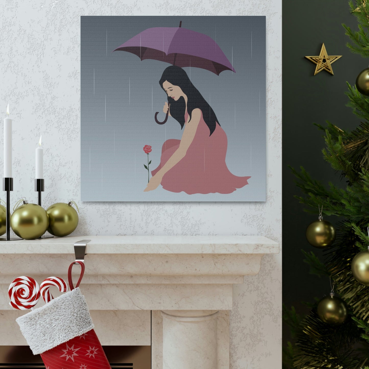 Woman with Umbrella Cartoon Art Walking in the Rain Graphic Aesthetic Classic Art Canvas Gallery Wraps Ichaku [Perfect Gifts Selection]