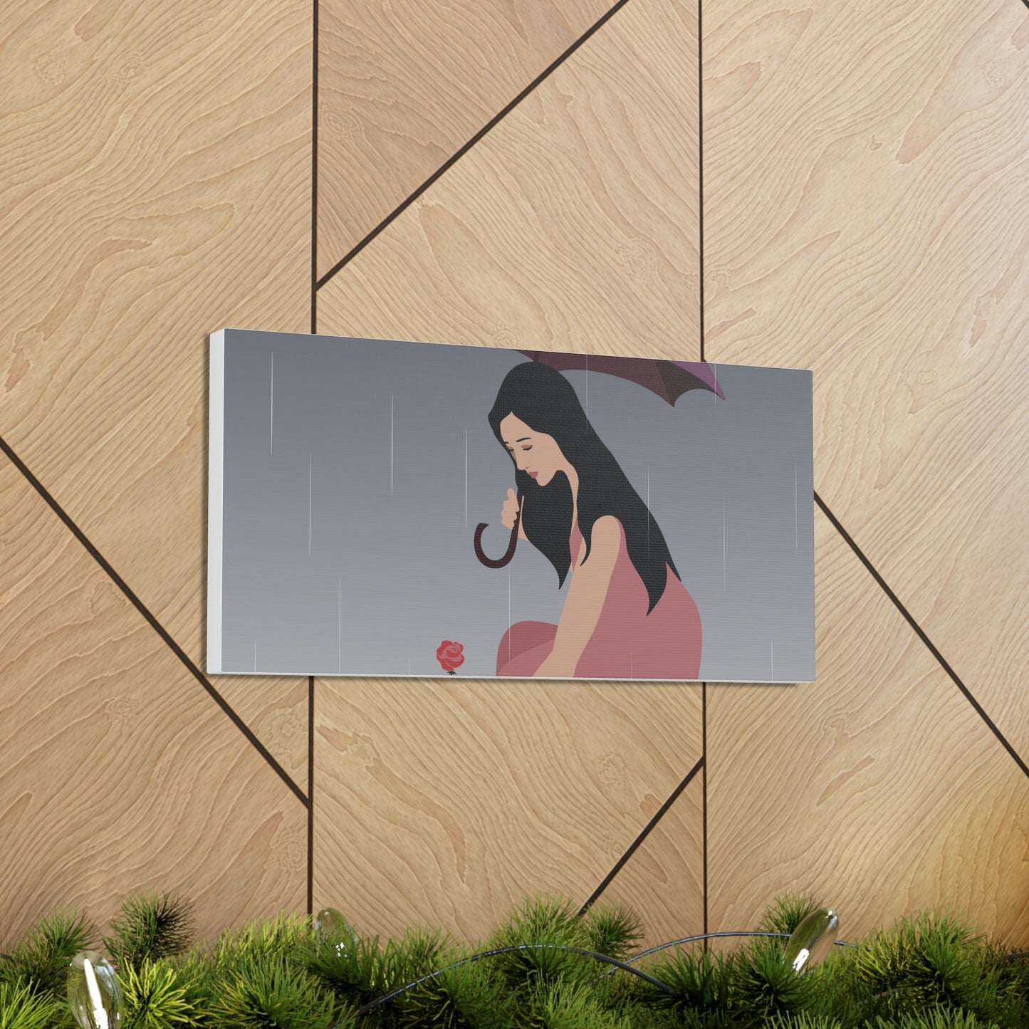 Woman with Umbrella Cartoon Art Walking in the Rain Graphic Aesthetic Classic Art Canvas Gallery Wraps Ichaku [Perfect Gifts Selection]