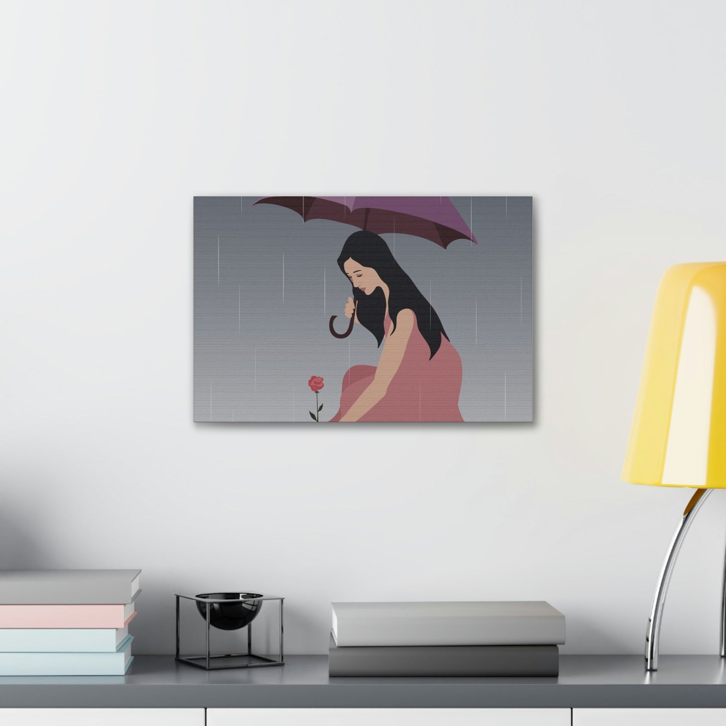 Woman with Umbrella Cartoon Art Walking in the Rain Graphic Aesthetic Classic Art Canvas Gallery Wraps Ichaku [Perfect Gifts Selection]