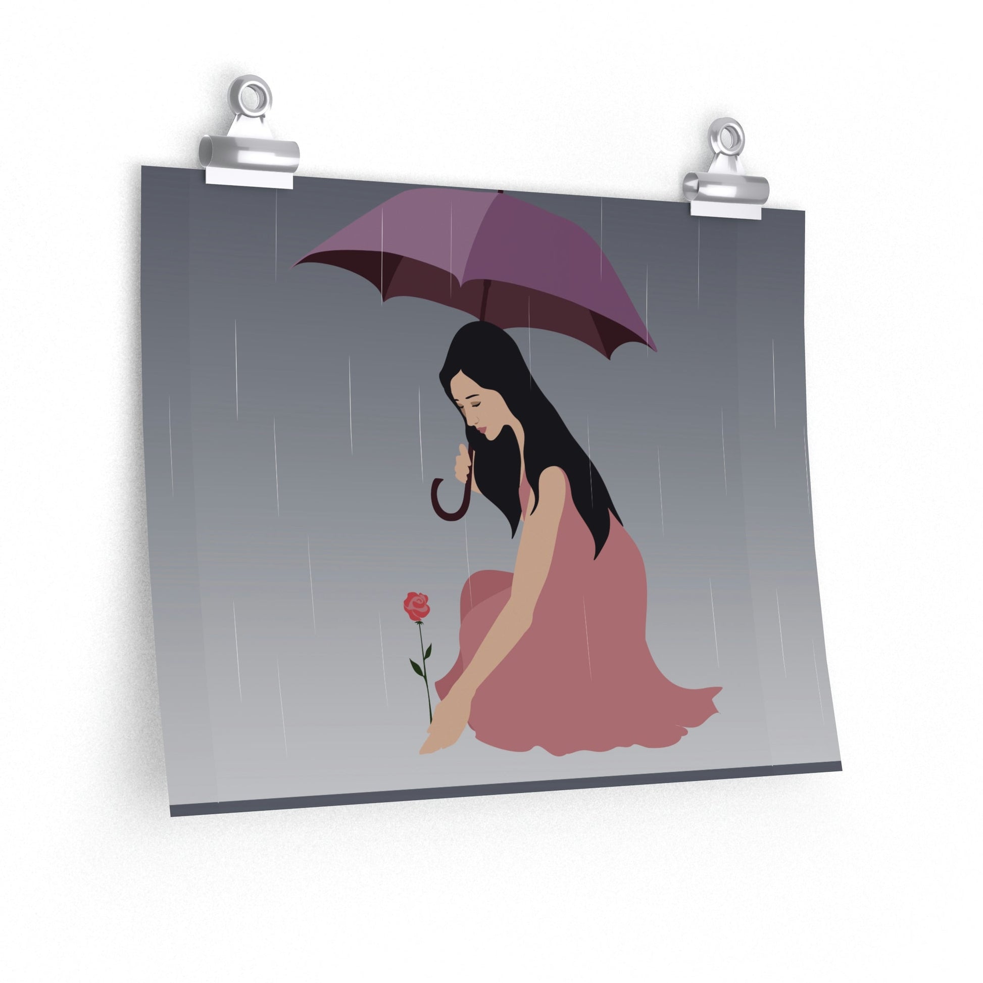 Woman with Umbrella Cartoon Art Walking in the Rain Graphic Premium Matte Horizontal Posters Ichaku [Perfect Gifts Selection]