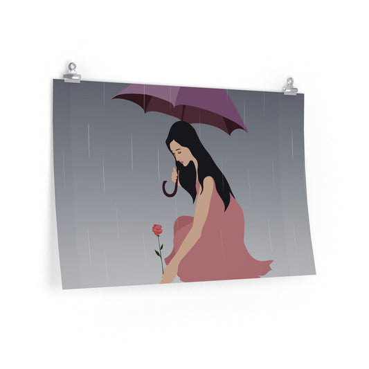 Woman with Umbrella Cartoon Art Walking in the Rain Graphic Premium Matte Horizontal Posters Ichaku [Perfect Gifts Selection]