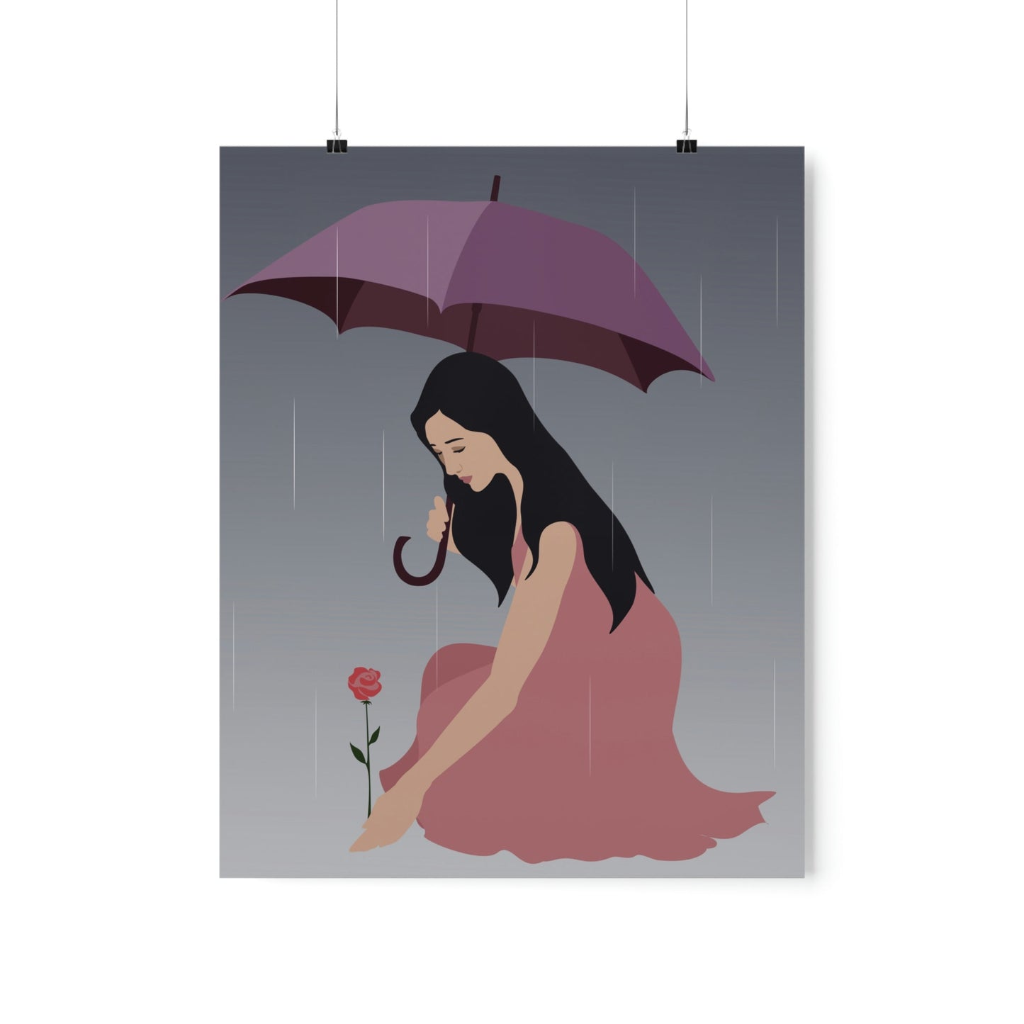 Woman with Umbrella Cartoon Art Walking in the Rain Graphic Premium Matte Vertical Posters Ichaku [Perfect Gifts Selection]