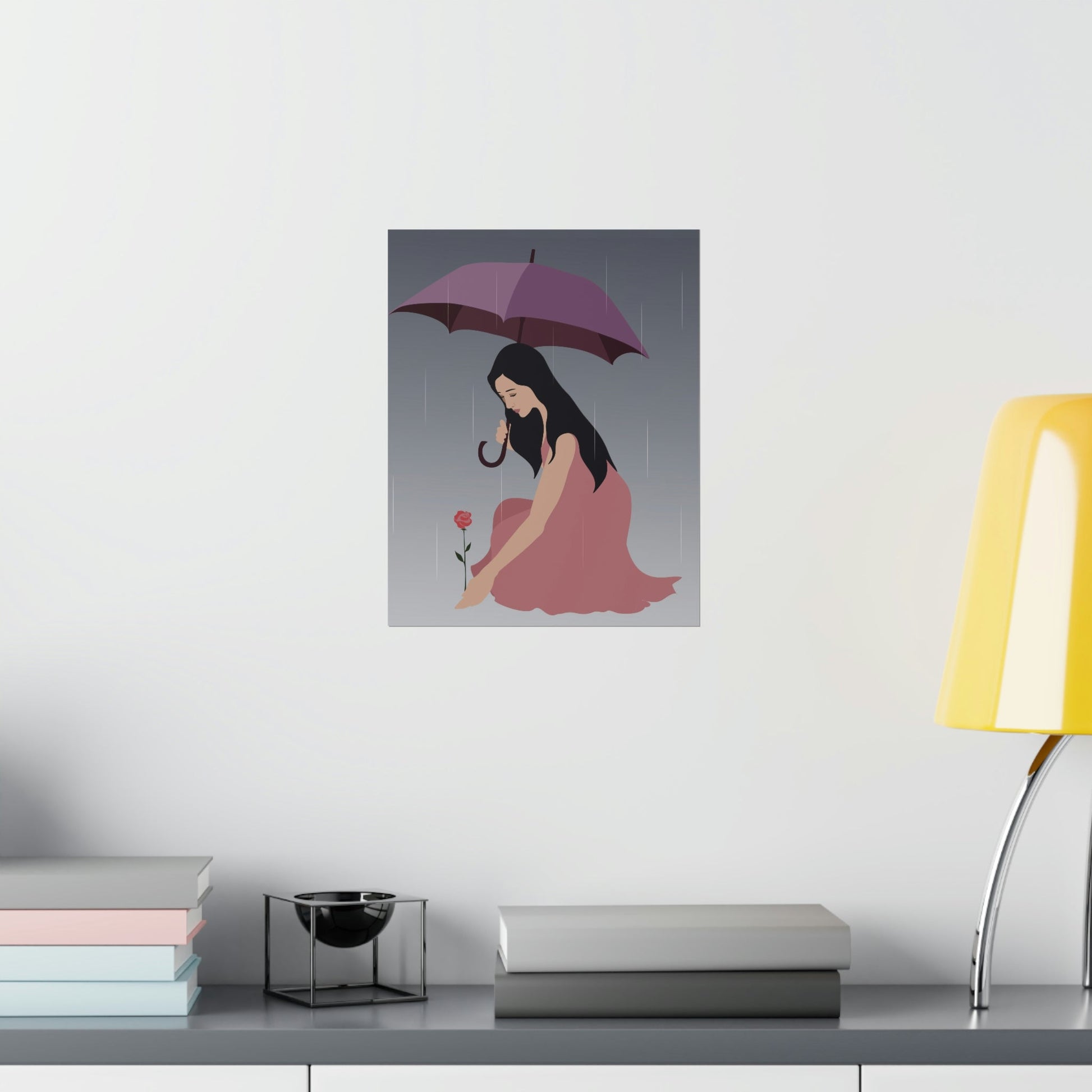 Woman with Umbrella Cartoon Art Walking in the Rain Graphic Premium Matte Vertical Posters Ichaku [Perfect Gifts Selection]