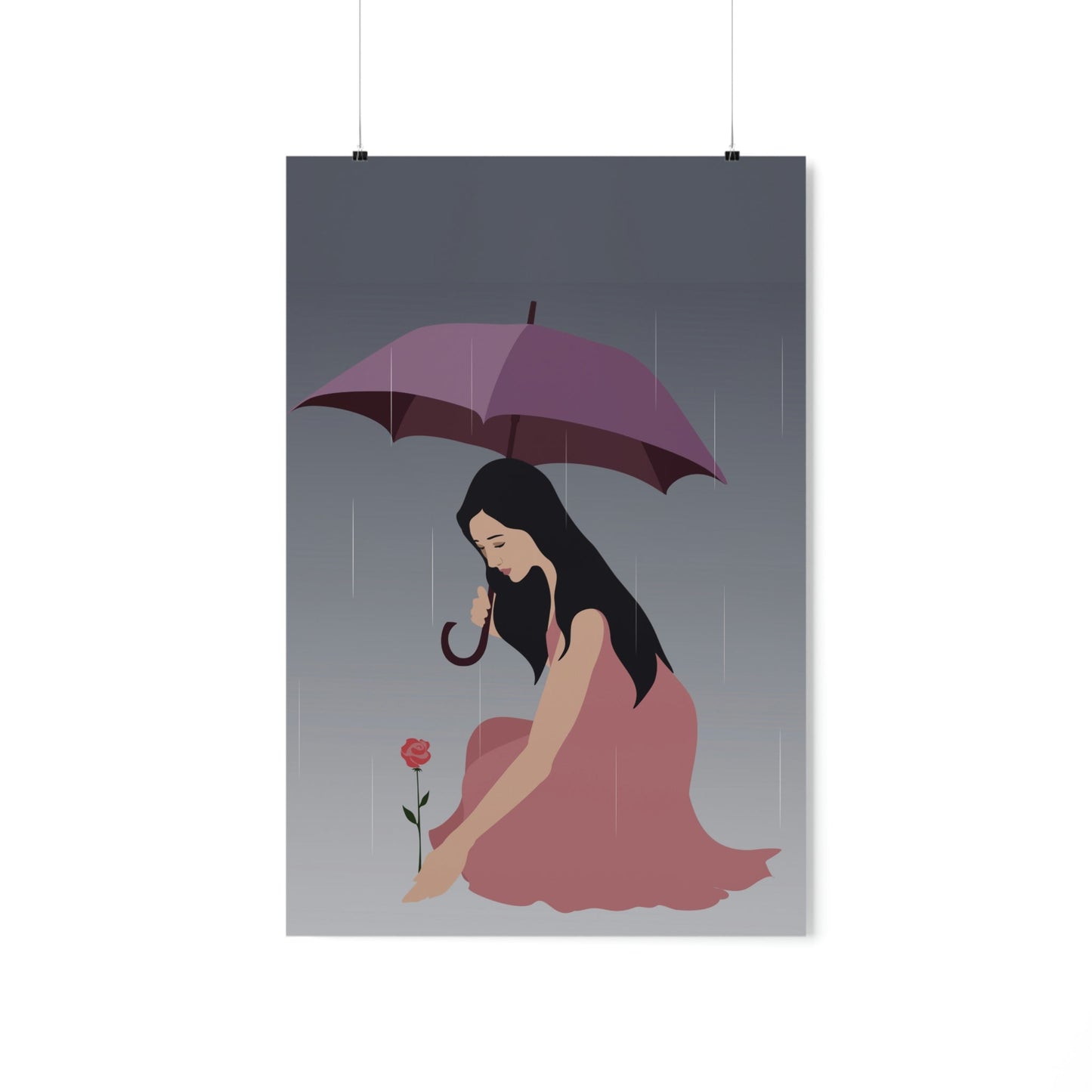 Woman with Umbrella Cartoon Art Walking in the Rain Graphic Premium Matte Vertical Posters Ichaku [Perfect Gifts Selection]