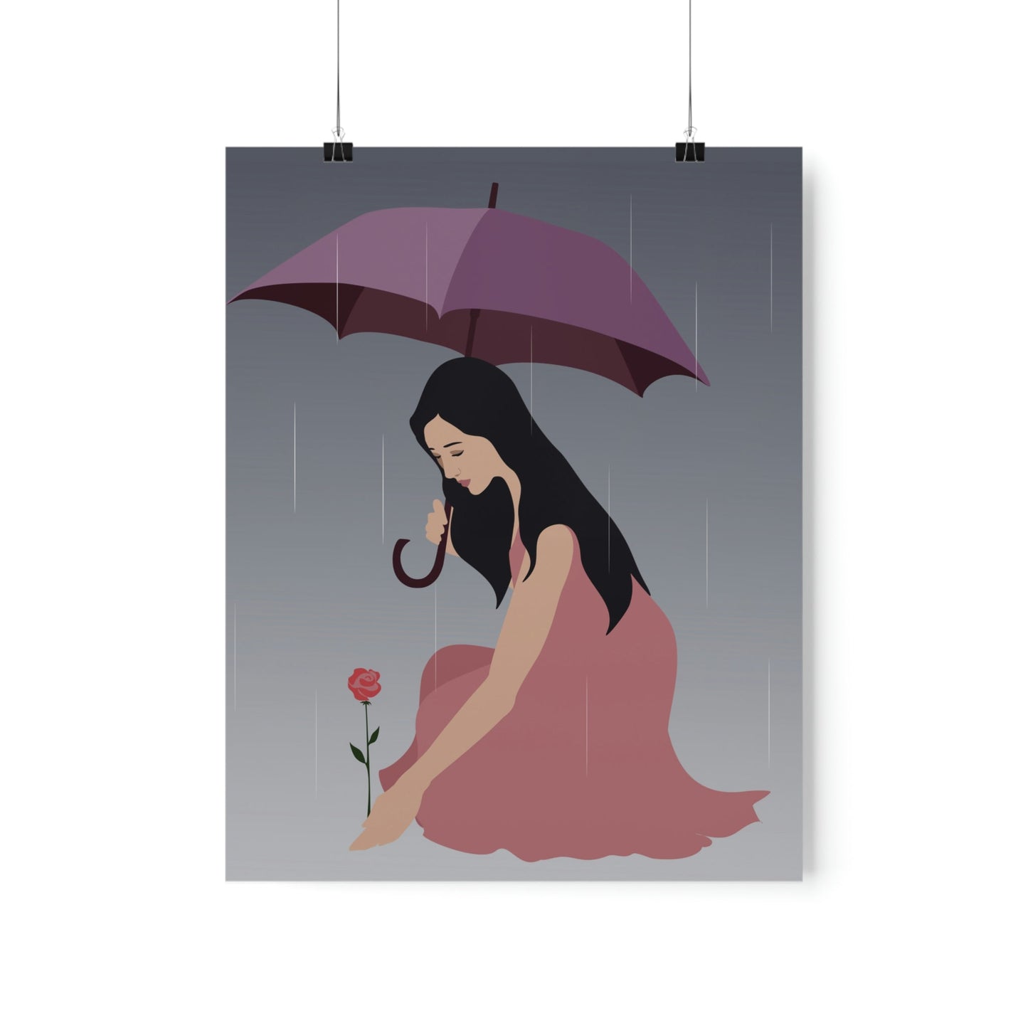 Woman with Umbrella Cartoon Art Walking in the Rain Graphic Premium Matte Vertical Posters Ichaku [Perfect Gifts Selection]