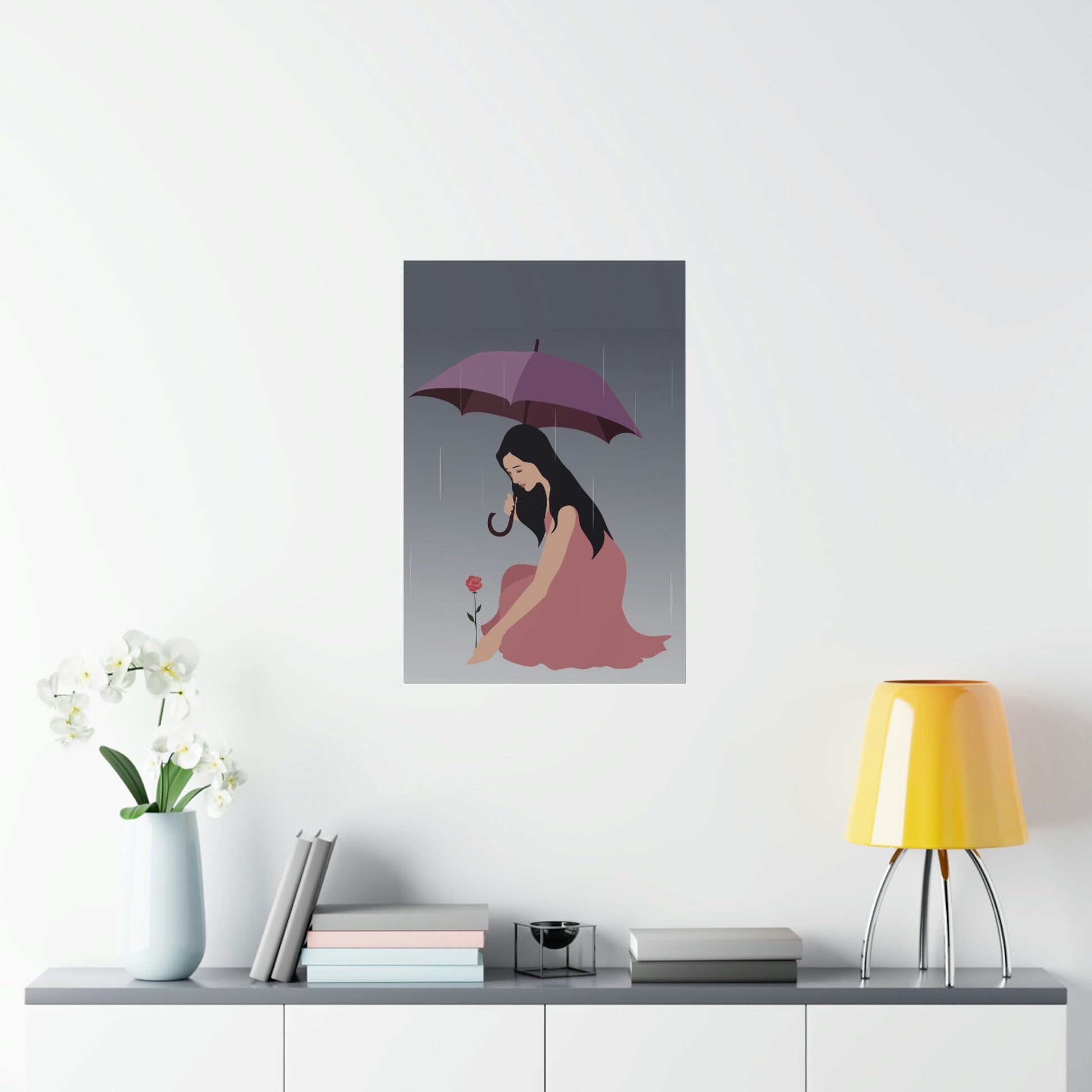 Woman with Umbrella Cartoon Art Walking in the Rain Graphic Premium Matte Vertical Posters Ichaku [Perfect Gifts Selection]