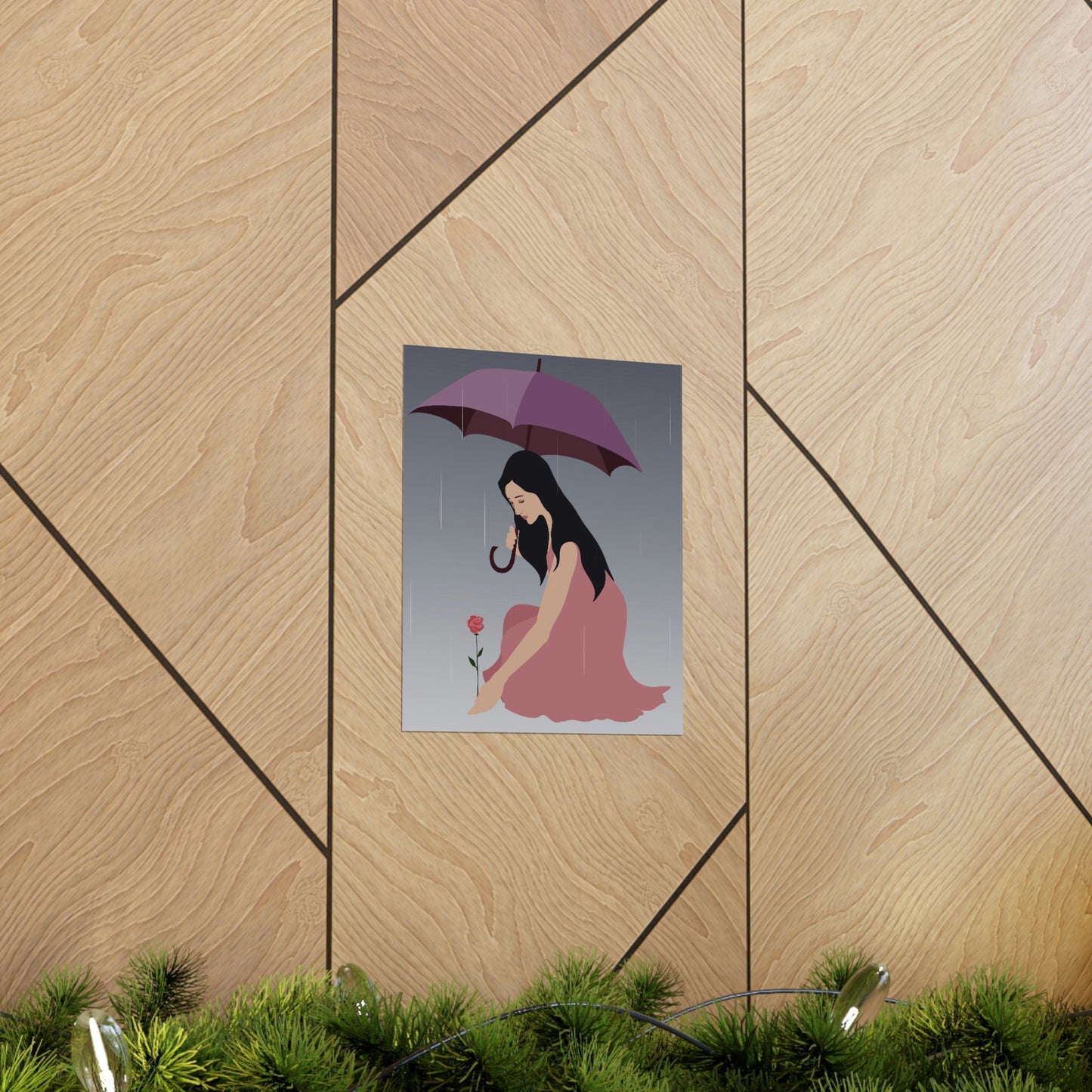 Woman with Umbrella Cartoon Art Walking in the Rain Graphic Premium Matte Vertical Posters Ichaku [Perfect Gifts Selection]