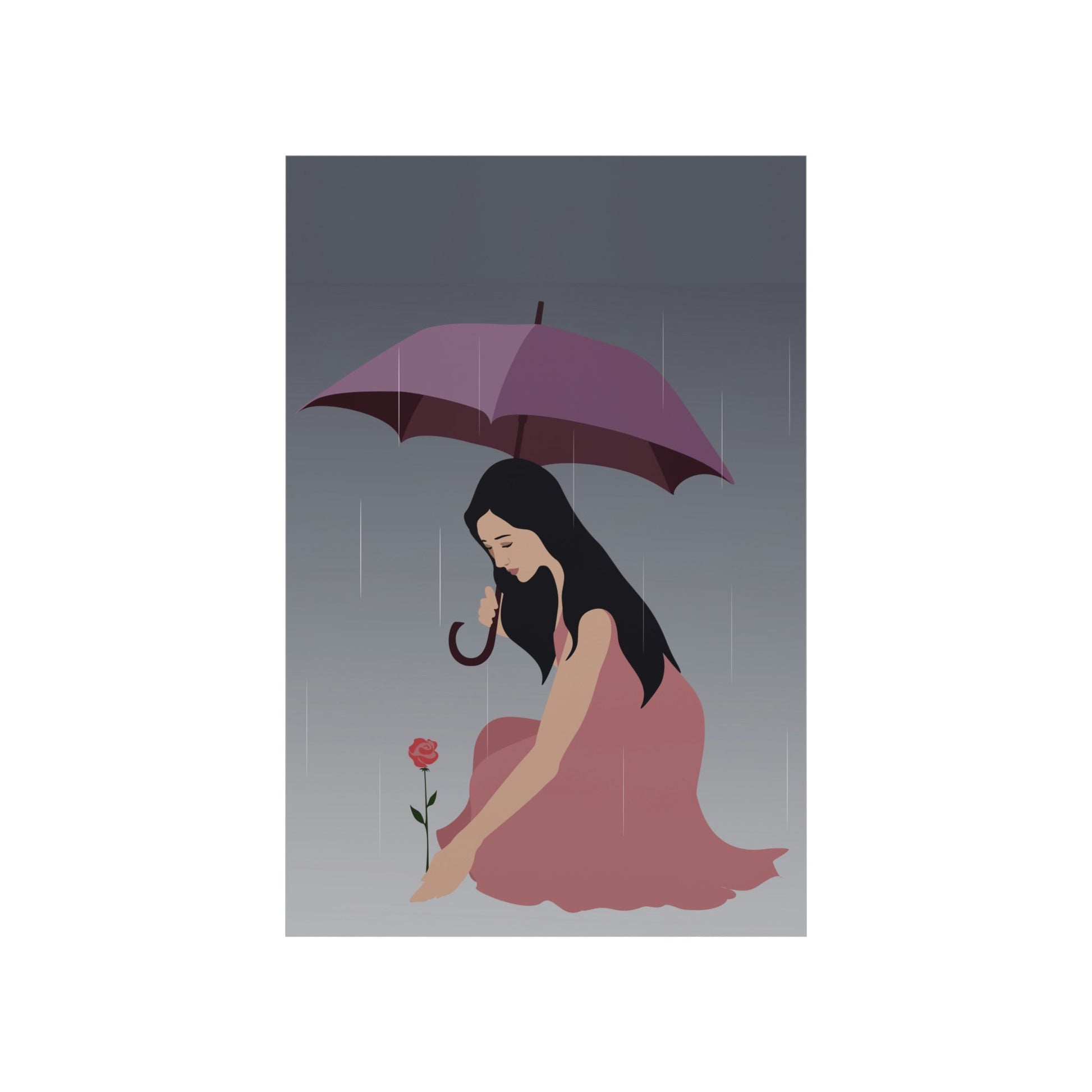 Woman with Umbrella Cartoon Art Walking in the Rain Graphic Premium Matte Vertical Posters Ichaku [Perfect Gifts Selection]