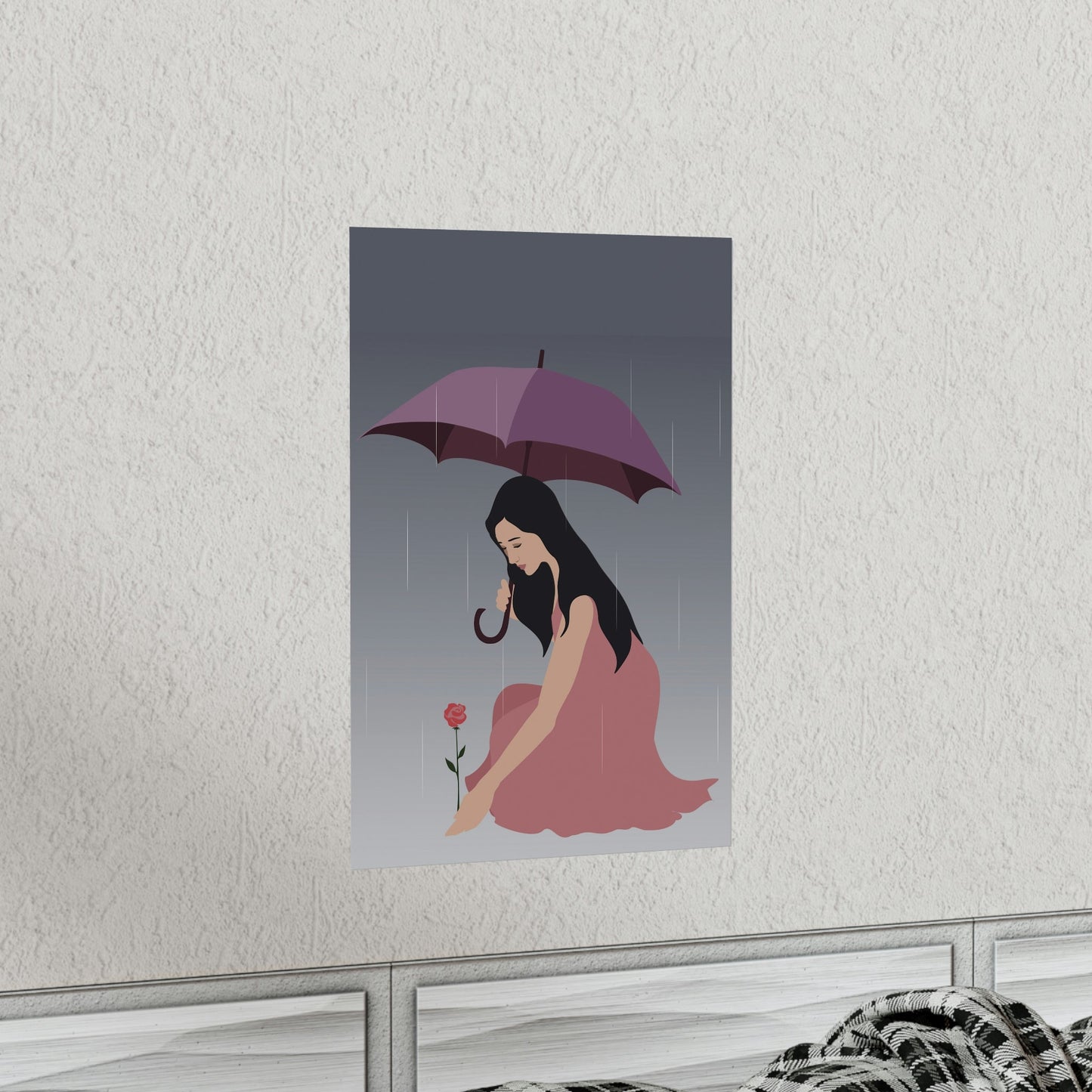 Woman with Umbrella Cartoon Art Walking in the Rain Graphic Premium Matte Vertical Posters Ichaku [Perfect Gifts Selection]