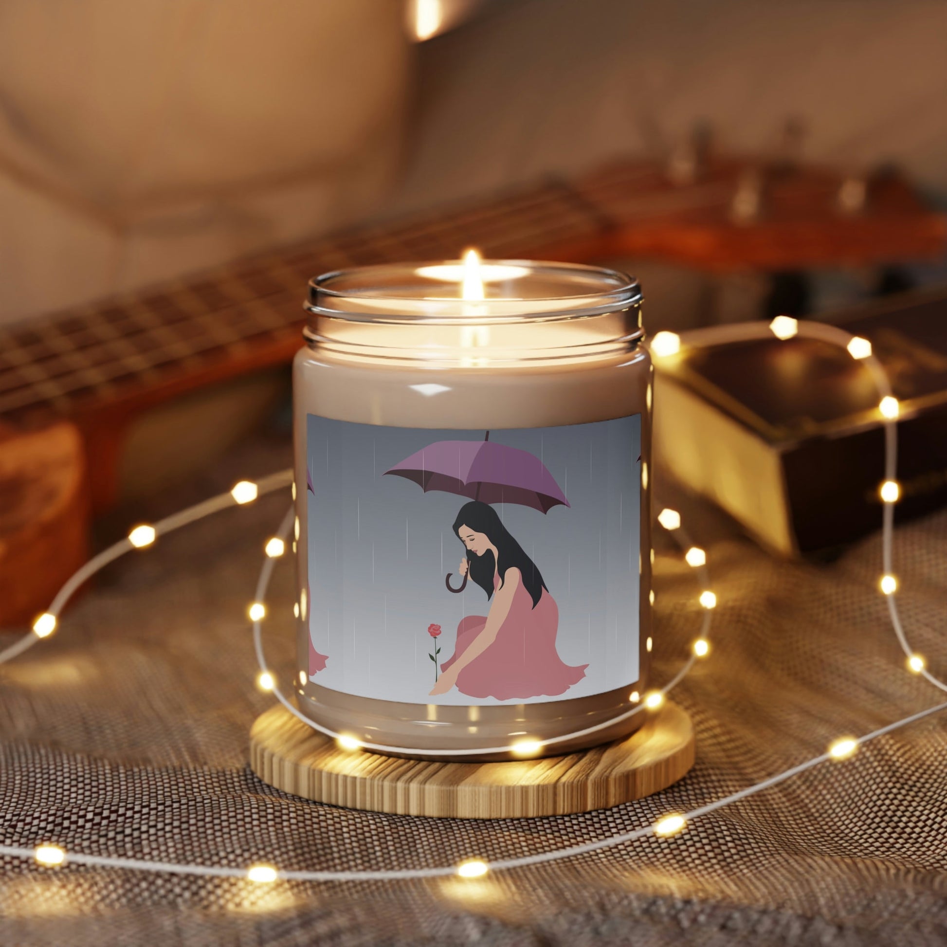 Woman with Umbrella Cartoon Art Walking in the Rain Graphic Scented Candle Up to 60hSoy Wax 9oz Ichaku [Perfect Gifts Selection]
