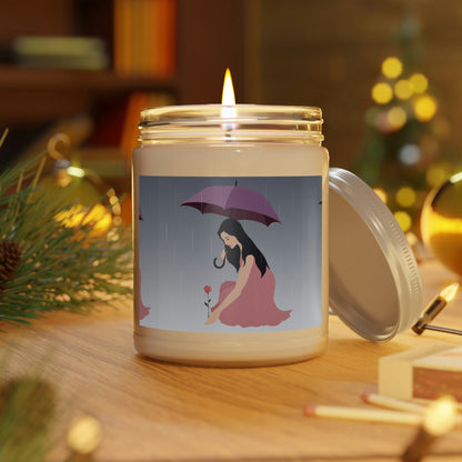 Woman with Umbrella Cartoon Art Walking in the Rain Graphic Scented Candle Up to 60hSoy Wax 9oz Ichaku [Perfect Gifts Selection]