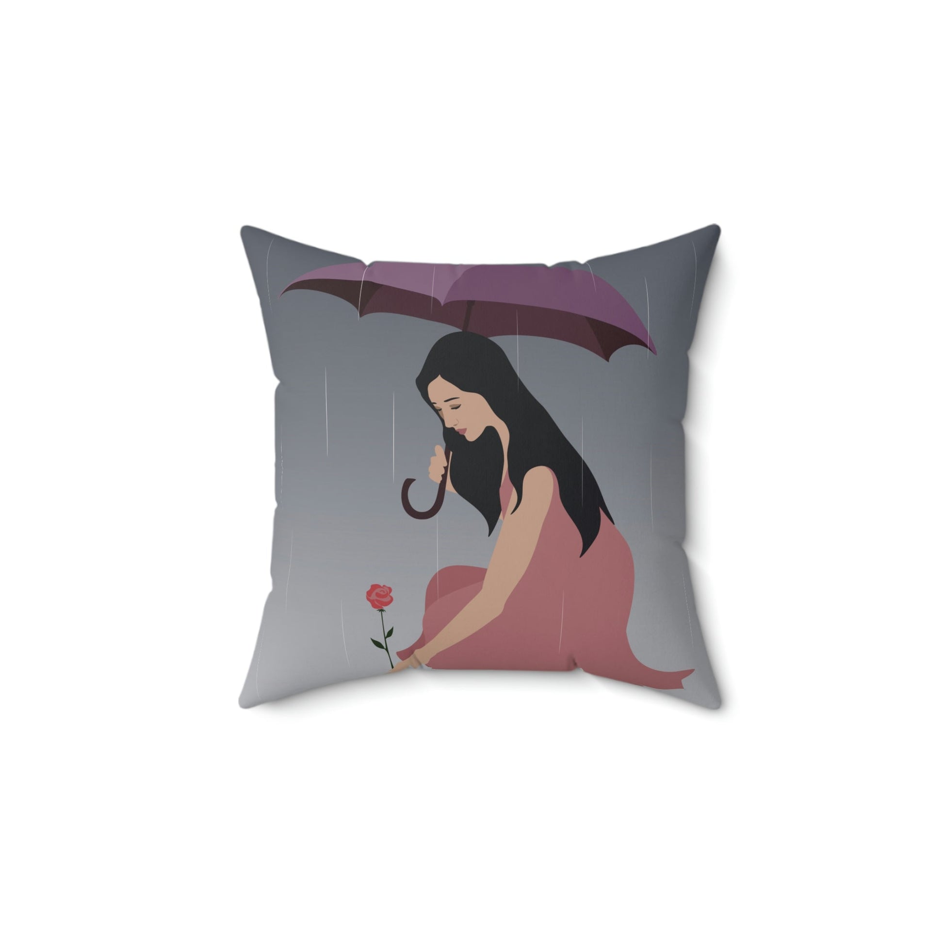 Woman with Umbrella Cartoon Art Walking in the Rain Graphic Spun Polyester Square Pillow Ichaku [Perfect Gifts Selection]