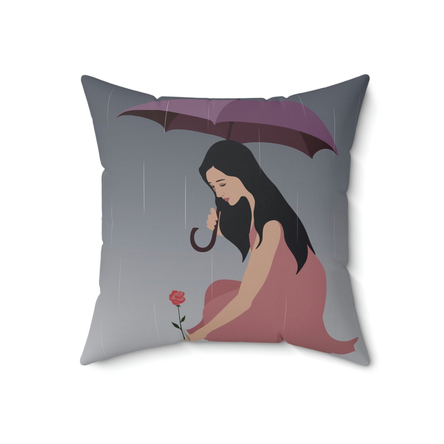 Woman with Umbrella Cartoon Art Walking in the Rain Graphic Spun Polyester Square Pillow Ichaku [Perfect Gifts Selection]