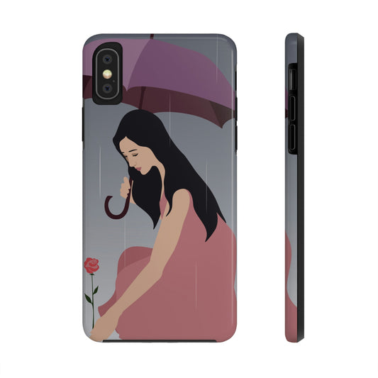Woman with Umbrella Cartoon Art Walking in the Rain Graphic Tough Phone Cases Case-Mate Ichaku [Perfect Gifts Selection]
