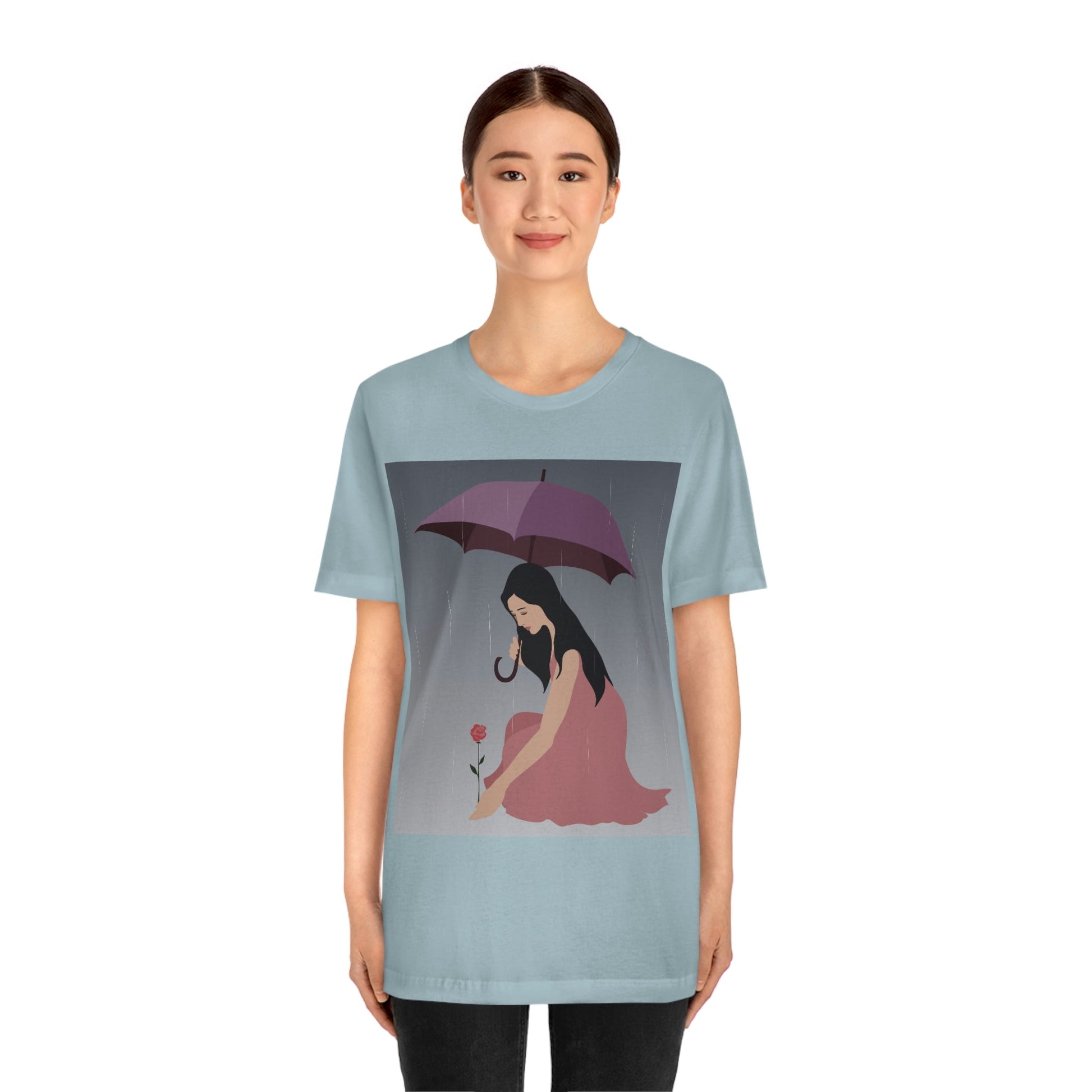 Woman with Umbrella Cartoon Art Walking in the Rain Graphic Unisex Jersey Short Sleeve T-Shirt Ichaku [Perfect Gifts Selection]