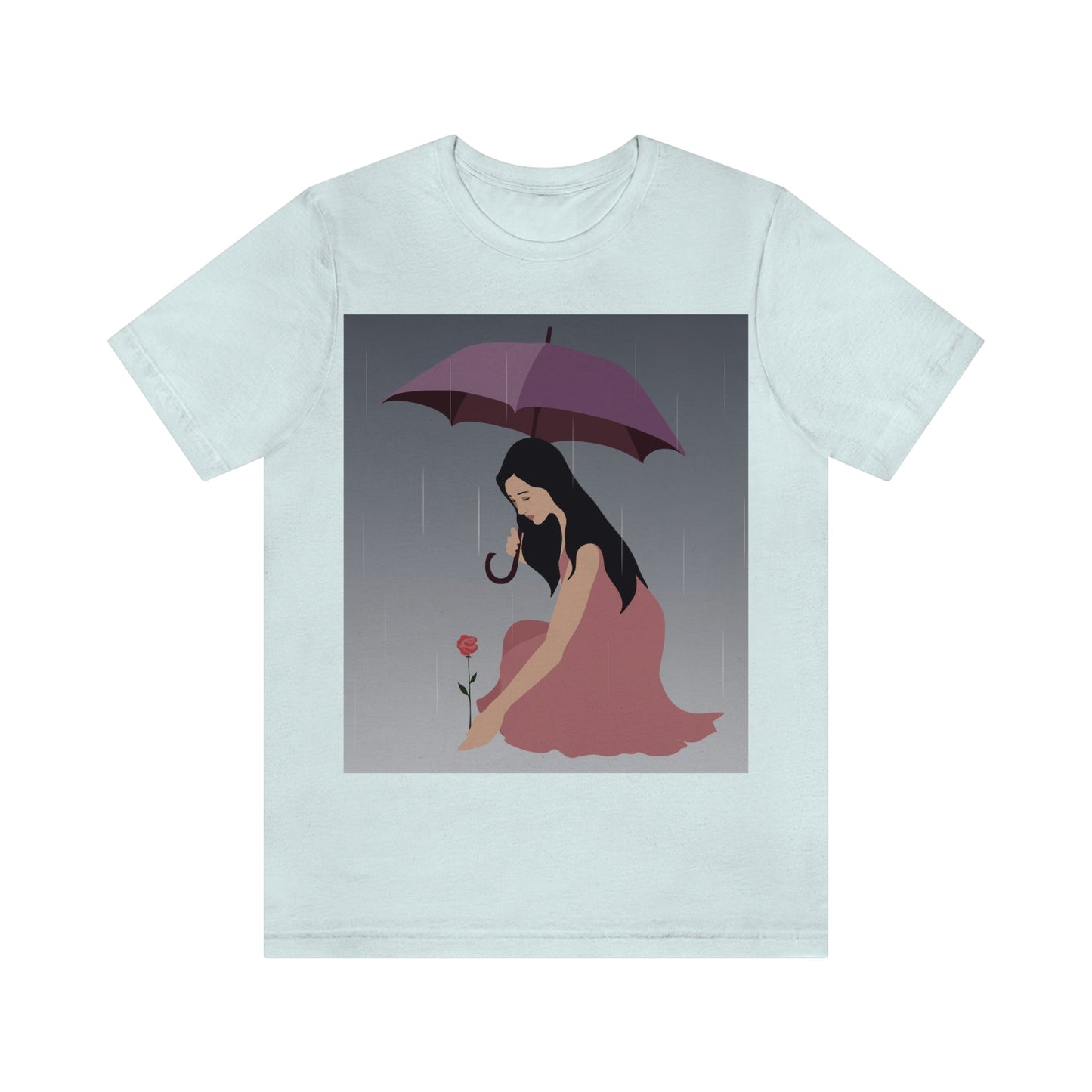 Woman with Umbrella Cartoon Art Walking in the Rain Graphic Unisex Jersey Short Sleeve T-Shirt Ichaku [Perfect Gifts Selection]