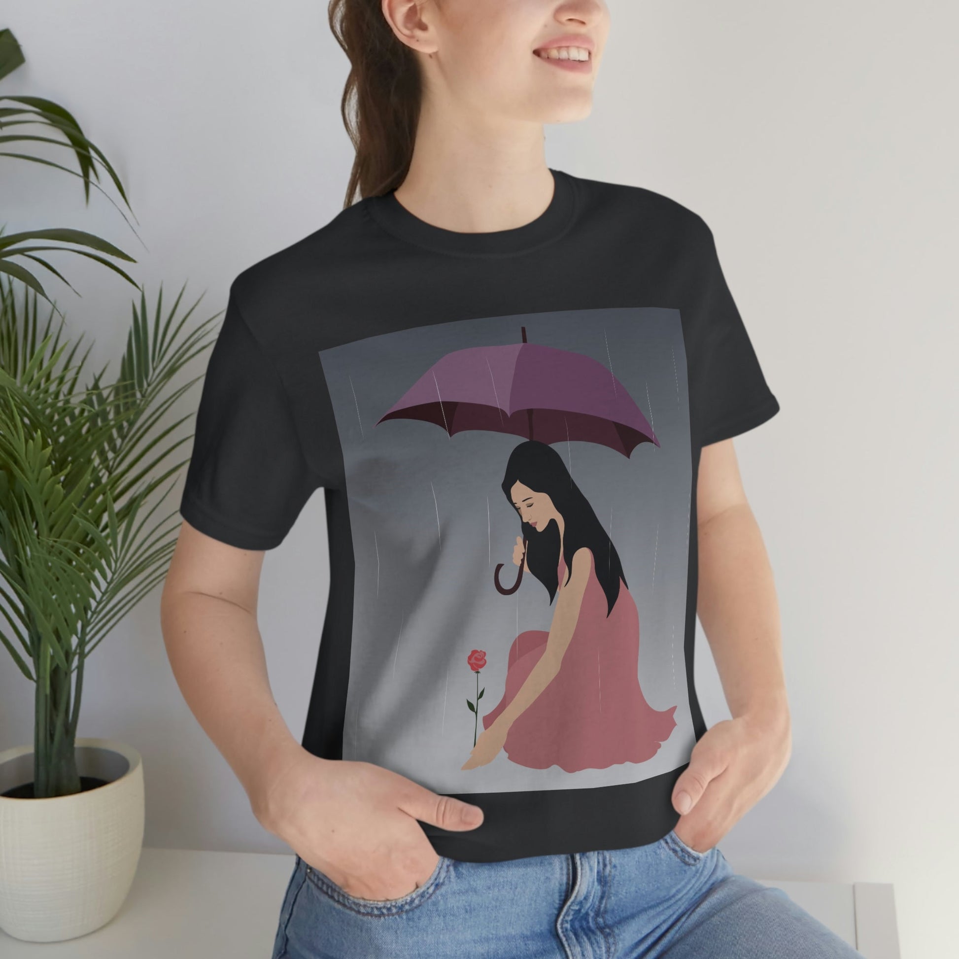 Woman with Umbrella Cartoon Art Walking in the Rain Graphic Unisex Jersey Short Sleeve T-Shirt Ichaku [Perfect Gifts Selection]