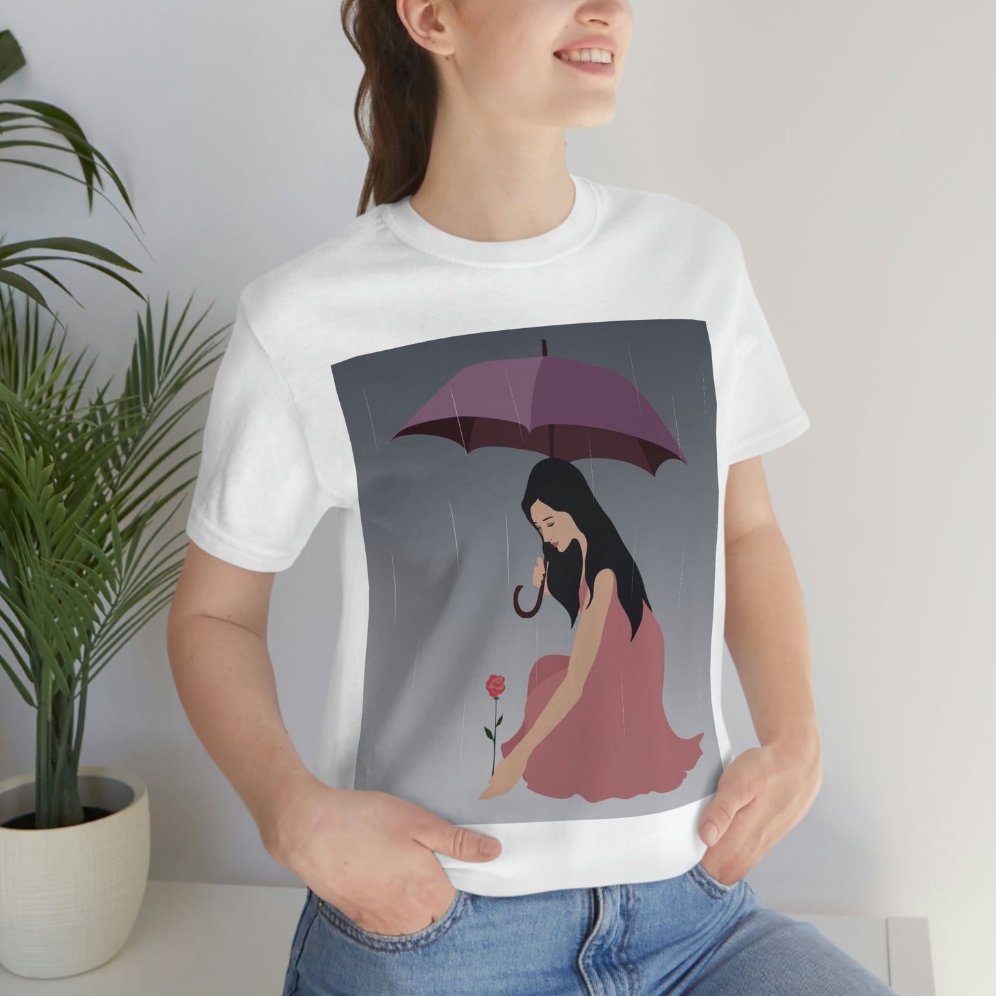 Woman with Umbrella Cartoon Art Walking in the Rain Graphic Unisex Jersey Short Sleeve T-Shirt Ichaku [Perfect Gifts Selection]