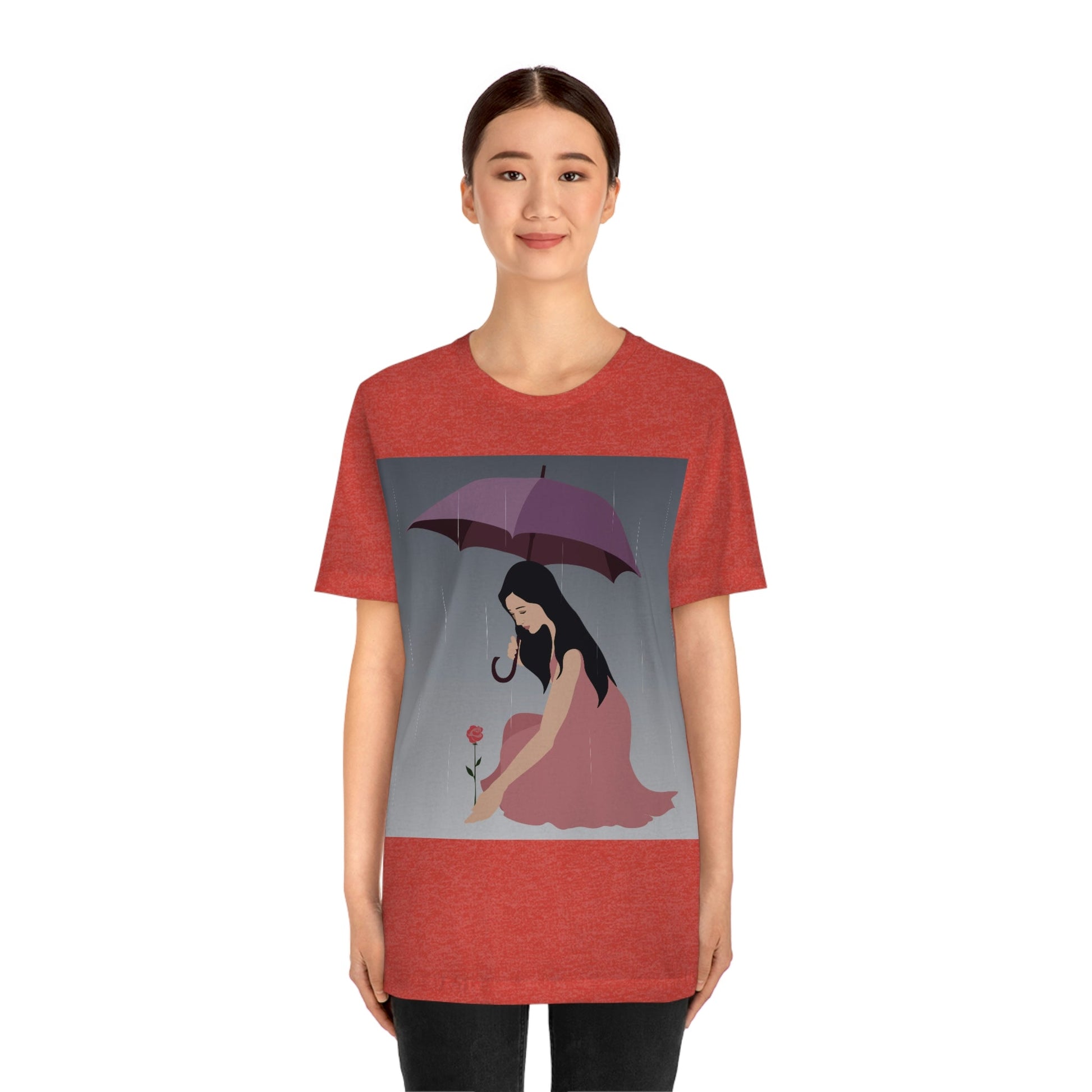 Woman with Umbrella Cartoon Art Walking in the Rain Graphic Unisex Jersey Short Sleeve T-Shirt Ichaku [Perfect Gifts Selection]