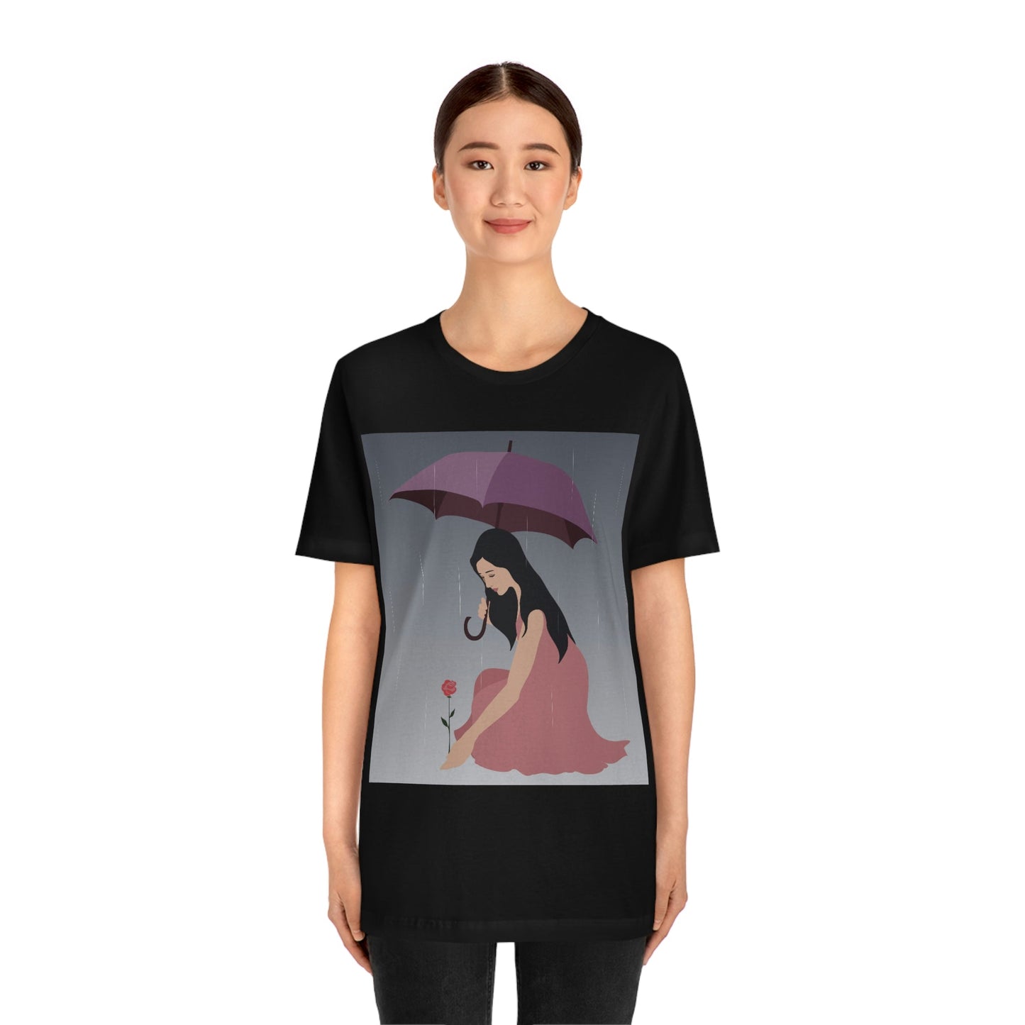 Woman with Umbrella Cartoon Art Walking in the Rain Graphic Unisex Jersey Short Sleeve T-Shirt Ichaku [Perfect Gifts Selection]