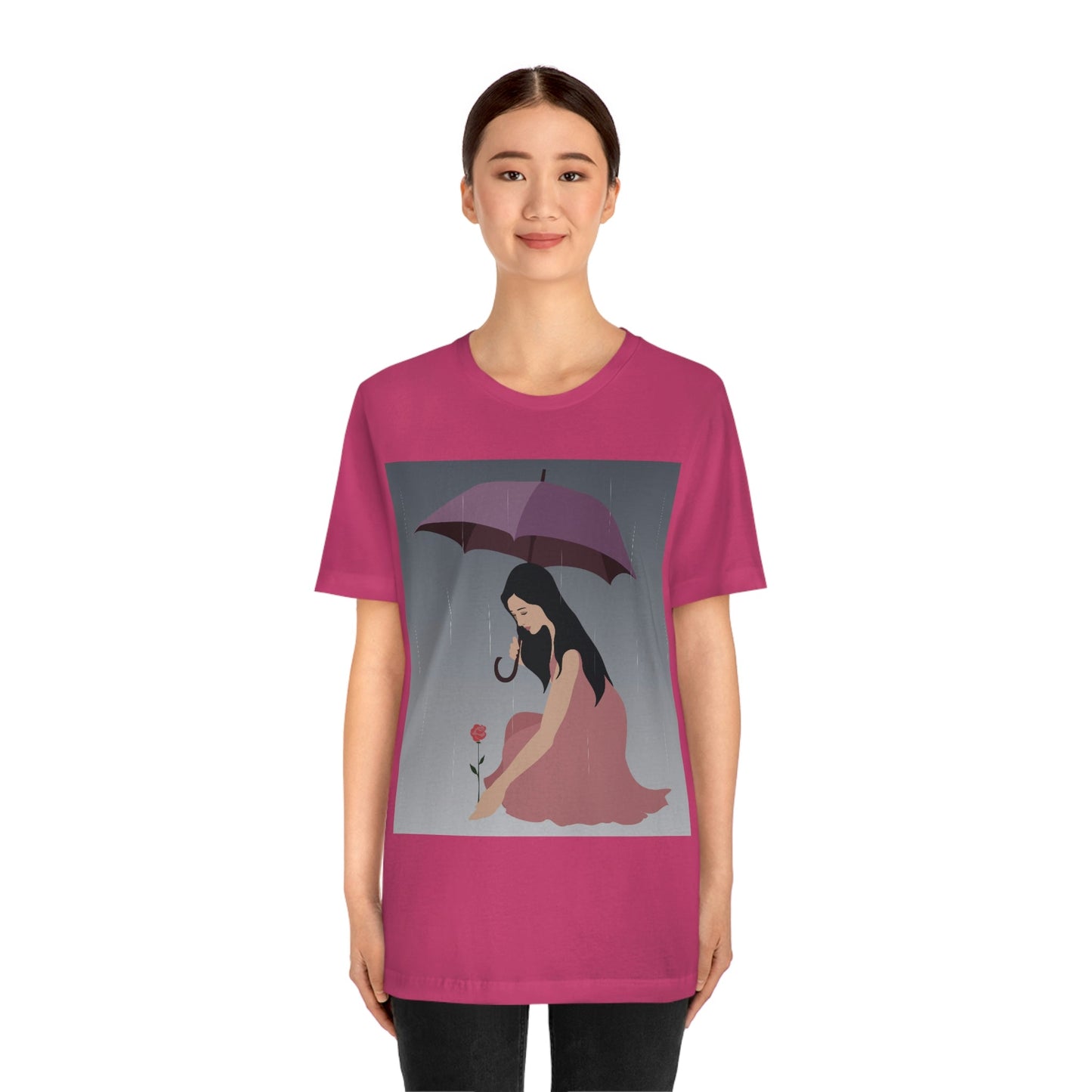 Woman with Umbrella Cartoon Art Walking in the Rain Graphic Unisex Jersey Short Sleeve T-Shirt Ichaku [Perfect Gifts Selection]