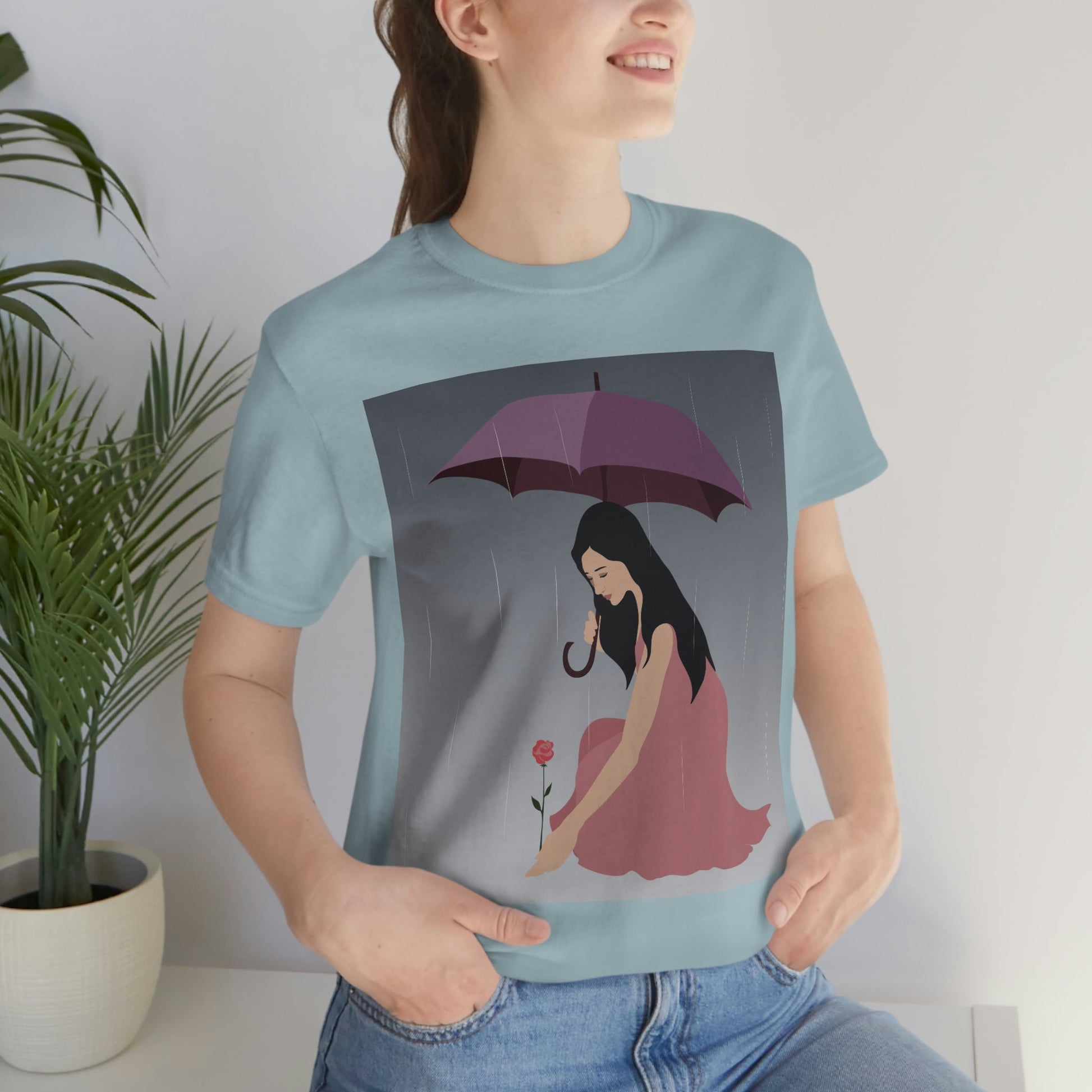 Woman with Umbrella Cartoon Art Walking in the Rain Graphic Unisex Jersey Short Sleeve T-Shirt Ichaku [Perfect Gifts Selection]