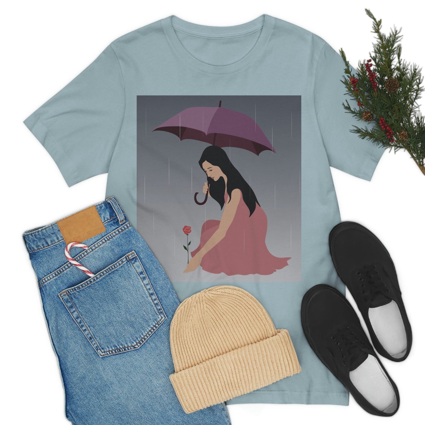 Woman with Umbrella Cartoon Art Walking in the Rain Graphic Unisex Jersey Short Sleeve T-Shirt Ichaku [Perfect Gifts Selection]