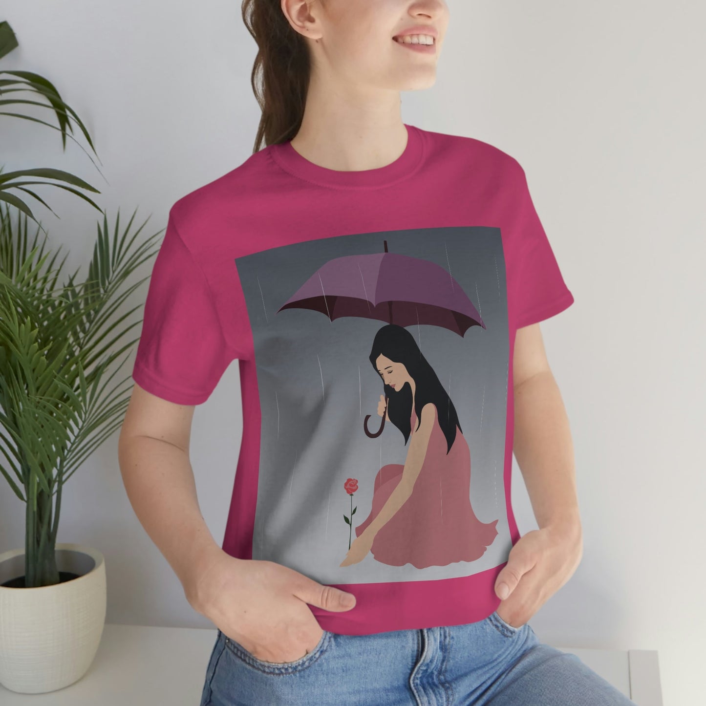 Woman with Umbrella Cartoon Art Walking in the Rain Graphic Unisex Jersey Short Sleeve T-Shirt Ichaku [Perfect Gifts Selection]