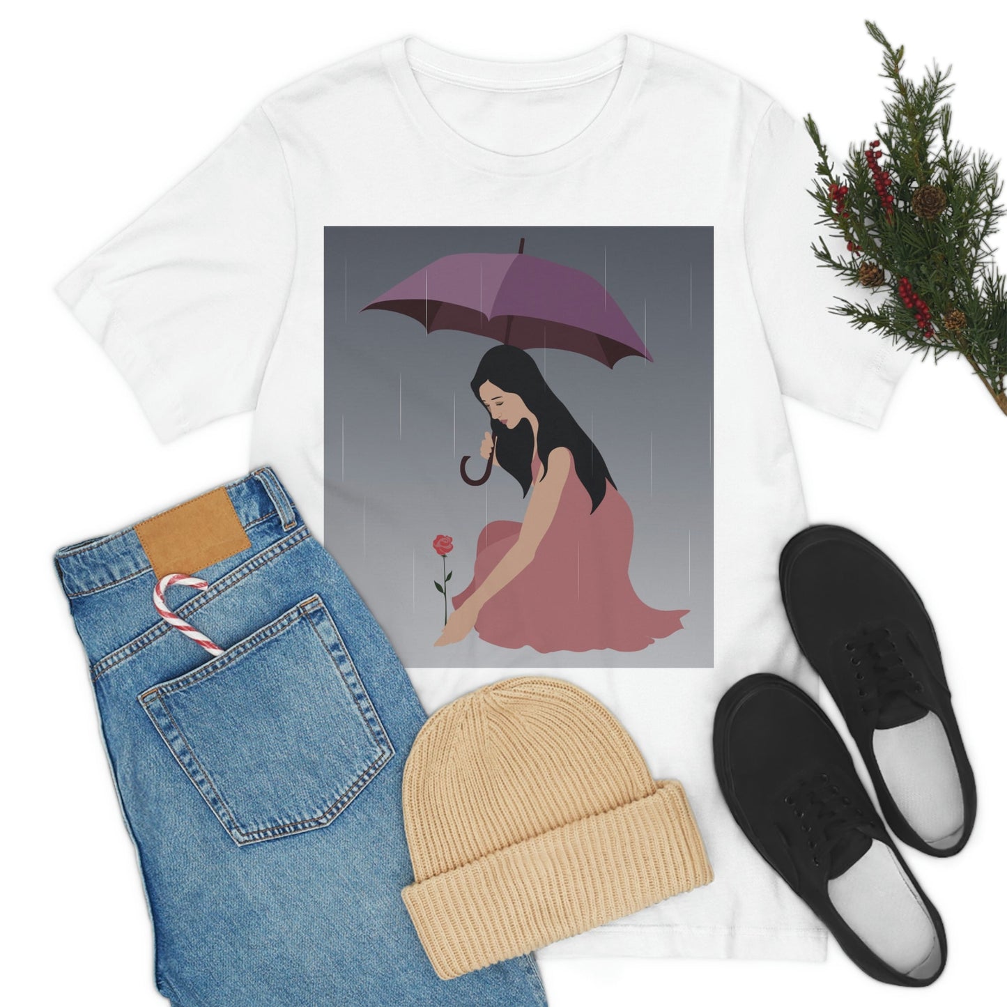 Woman with Umbrella Cartoon Art Walking in the Rain Graphic Unisex Jersey Short Sleeve T-Shirt Ichaku [Perfect Gifts Selection]