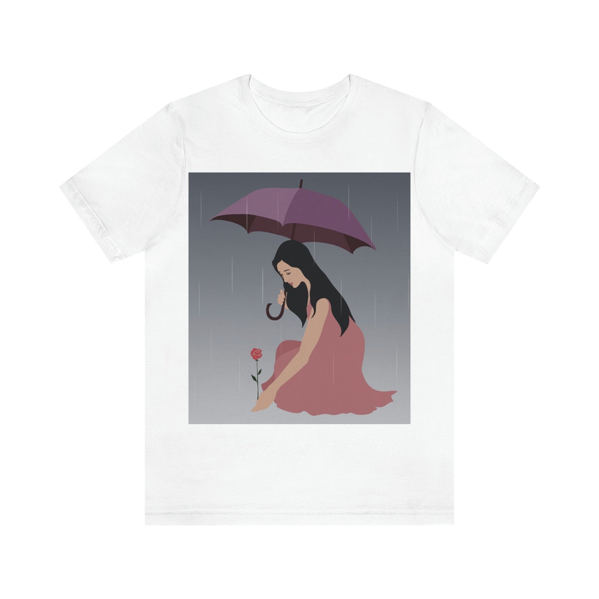 Woman with Umbrella Cartoon Art Walking in the Rain Graphic Unisex Jersey Short Sleeve T-Shirt Ichaku [Perfect Gifts Selection]