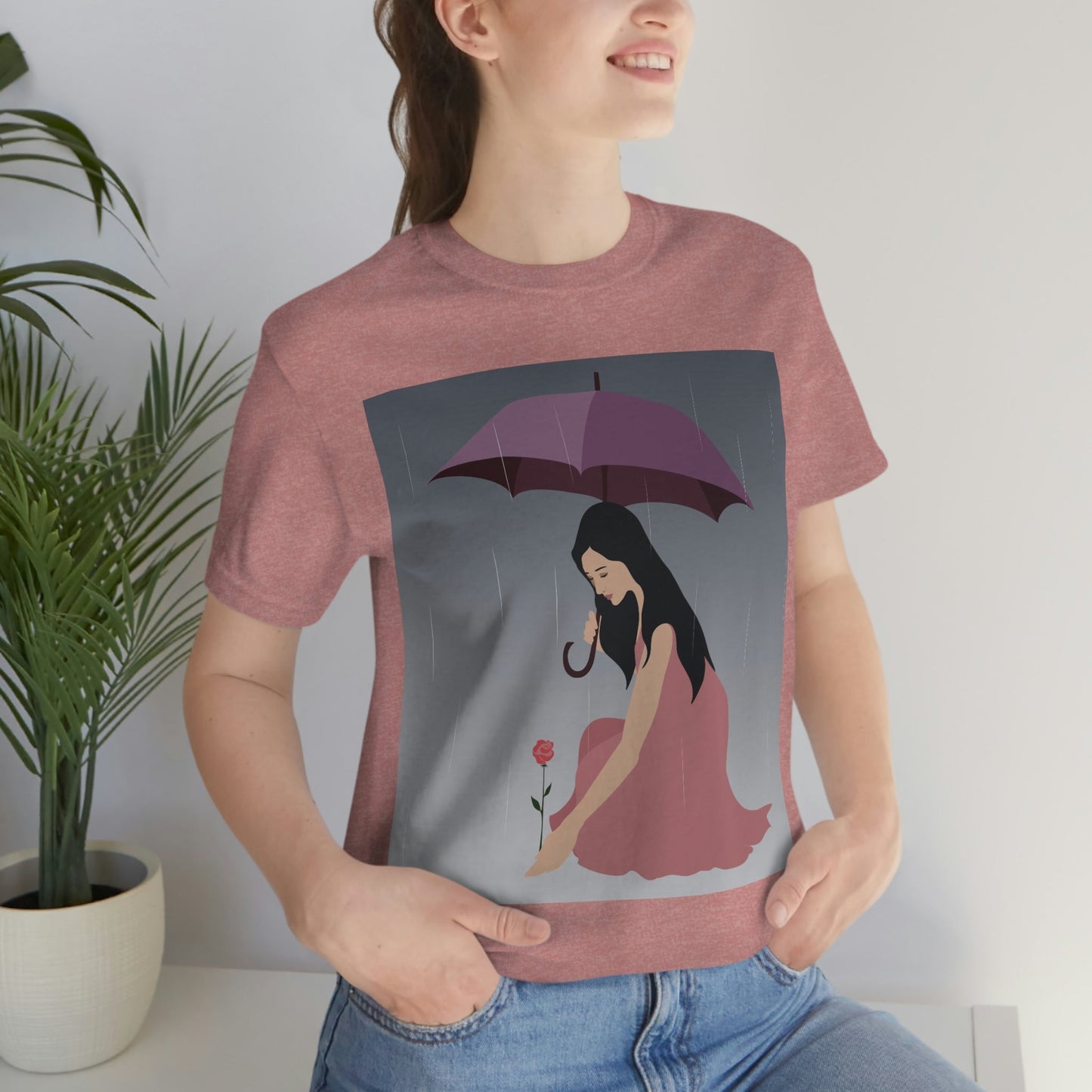 Woman with Umbrella Cartoon Art Walking in the Rain Graphic Unisex Jersey Short Sleeve T-Shirt Ichaku [Perfect Gifts Selection]