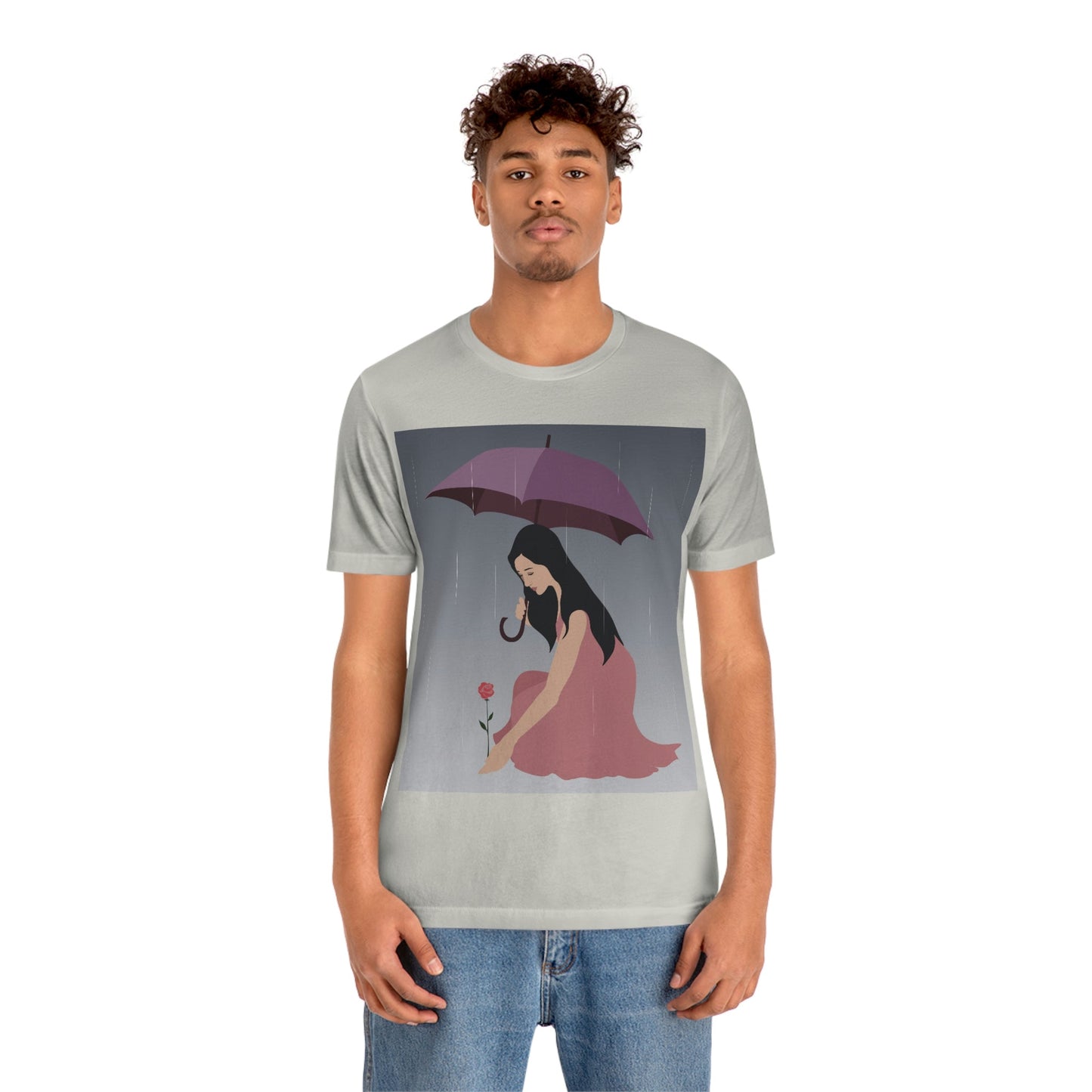 Woman with Umbrella Cartoon Art Walking in the Rain Graphic Unisex Jersey Short Sleeve T-Shirt Ichaku [Perfect Gifts Selection]