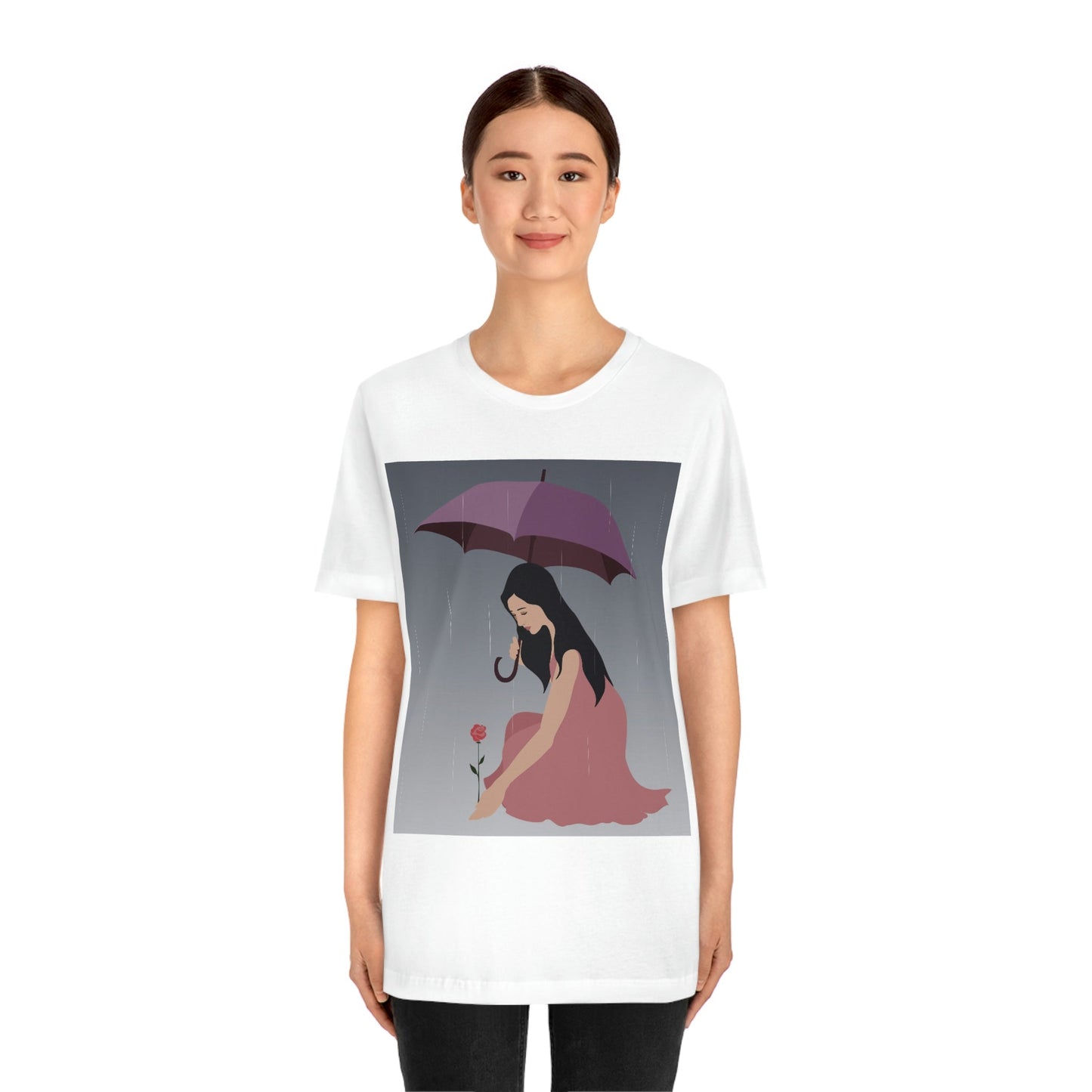 Woman with Umbrella Cartoon Art Walking in the Rain Graphic Unisex Jersey Short Sleeve T-Shirt Ichaku [Perfect Gifts Selection]