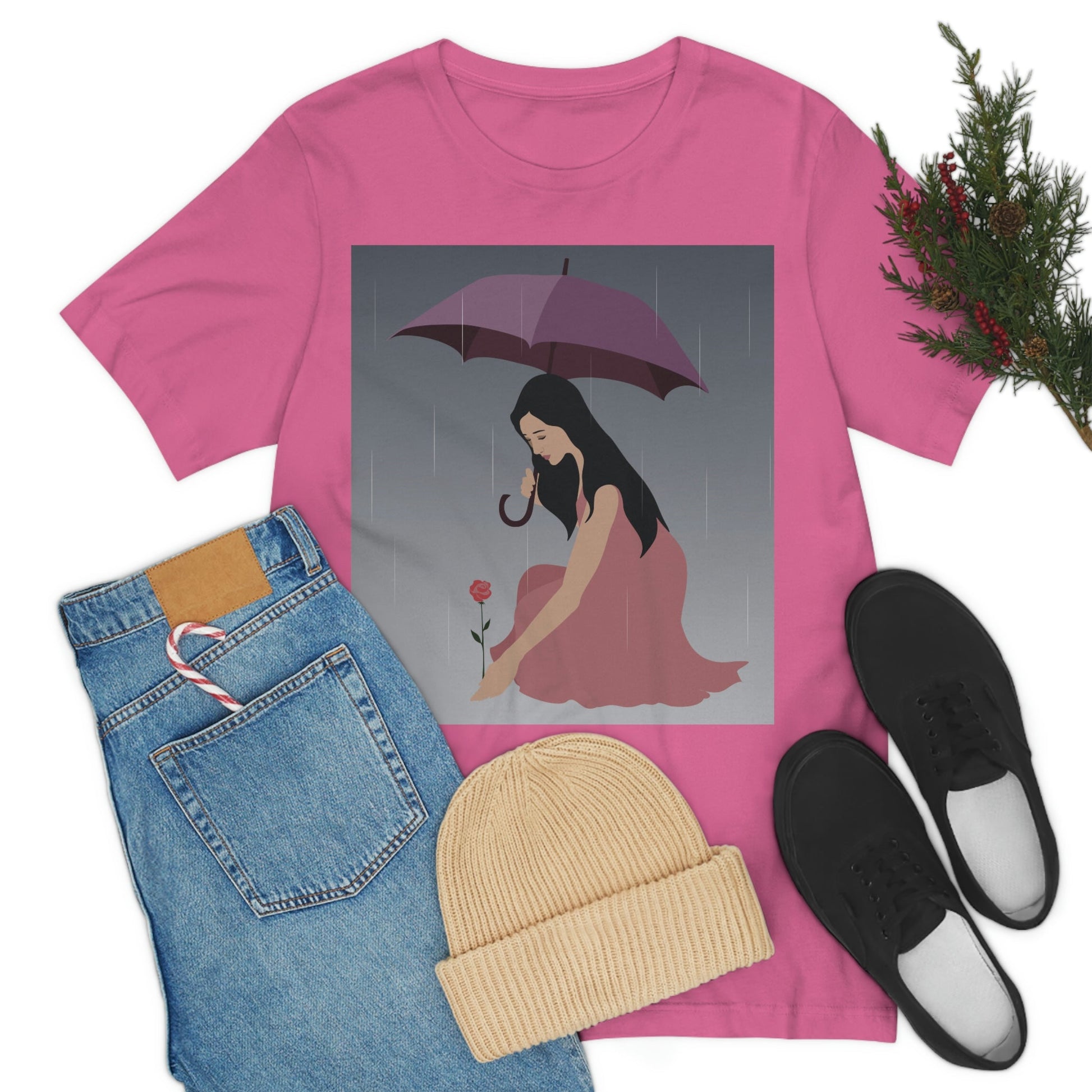 Woman with Umbrella Cartoon Art Walking in the Rain Graphic Unisex Jersey Short Sleeve T-Shirt Ichaku [Perfect Gifts Selection]